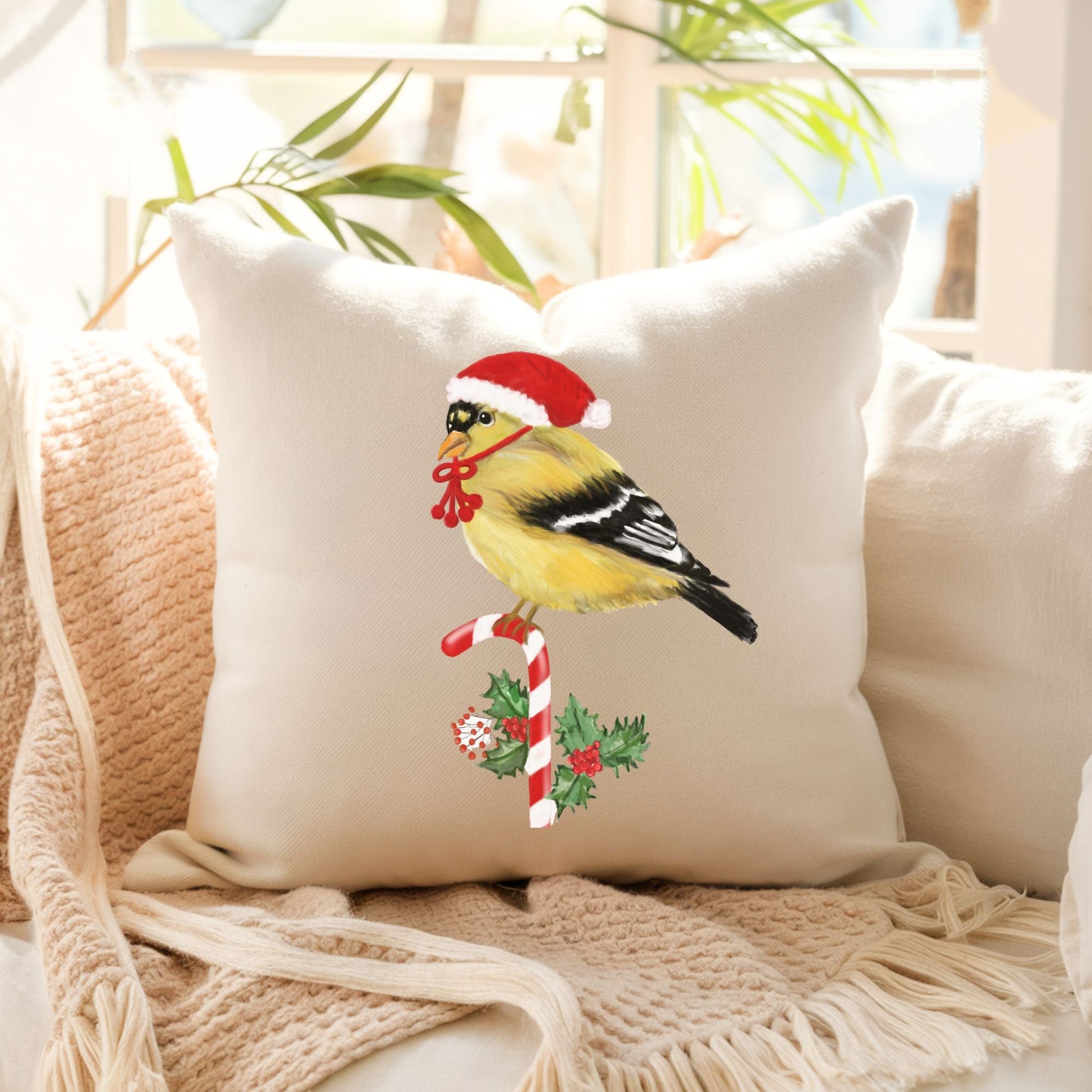 Festive Goldfinch Pillow - Cheerful Christmas Home Decor - MerikaArt