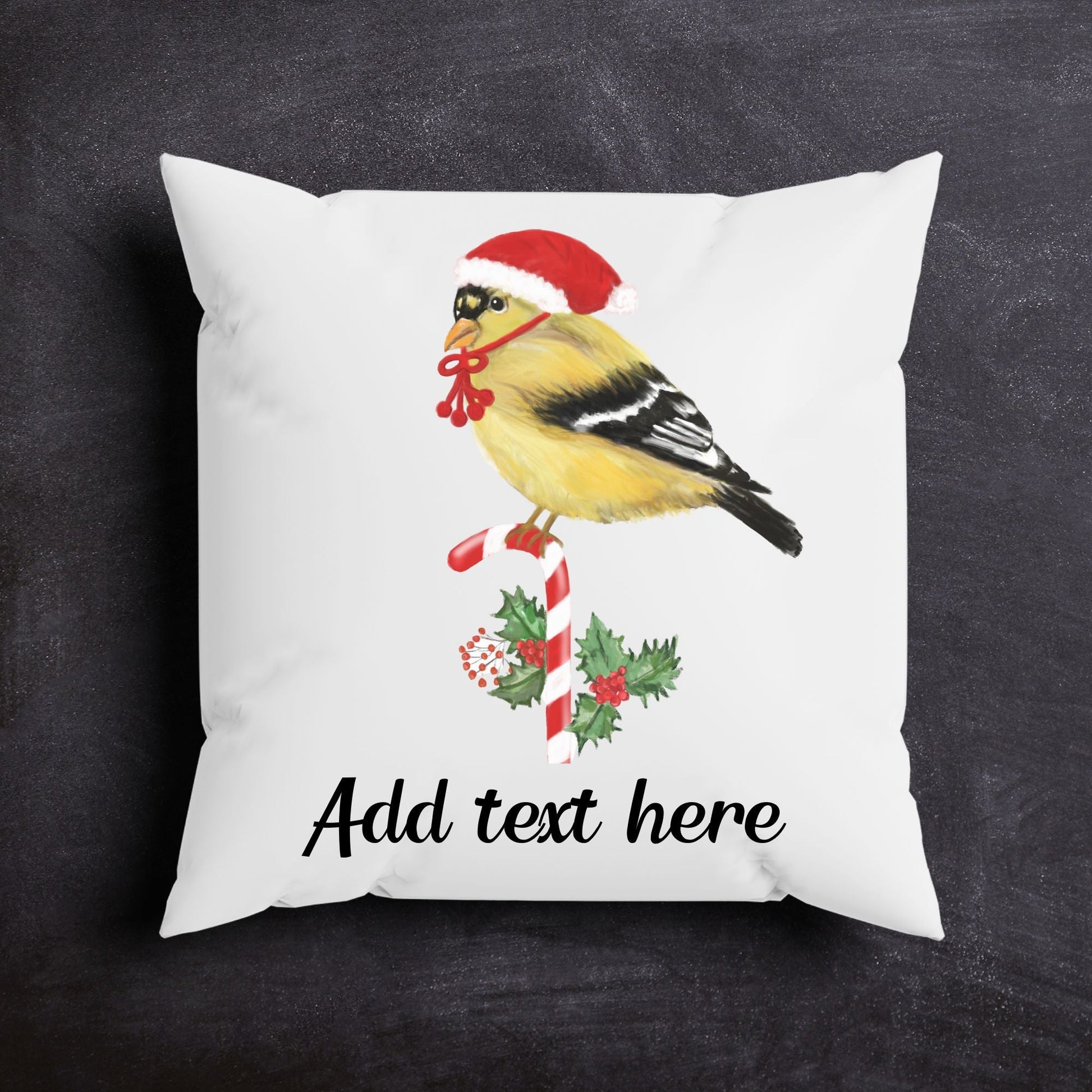 Festive Goldfinch Pillow - Cheerful Christmas Home Decor - MerikaArt