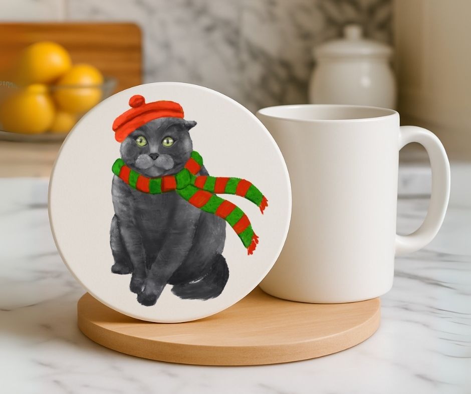 Festive Gray Cat with Red Beret and Scarf Ceramic Coaster - MerikaArt