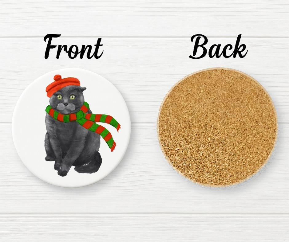 Festive Gray Cat with Red Beret and Scarf Ceramic Coaster - MerikaArt