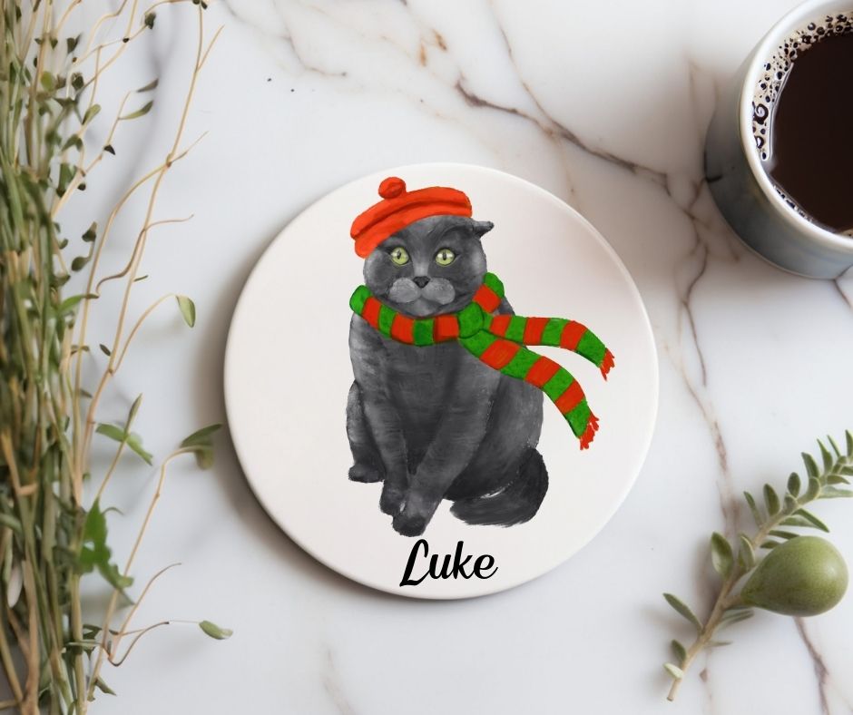 Festive Gray Cat with Red Beret and Scarf Ceramic Coaster - MerikaArt