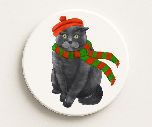 Festive Gray Cat with Red Beret and Scarf Ceramic Coaster - MerikaArt