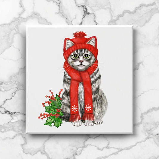 Festive Winter Cat Ceramic Tile - MerikaArt