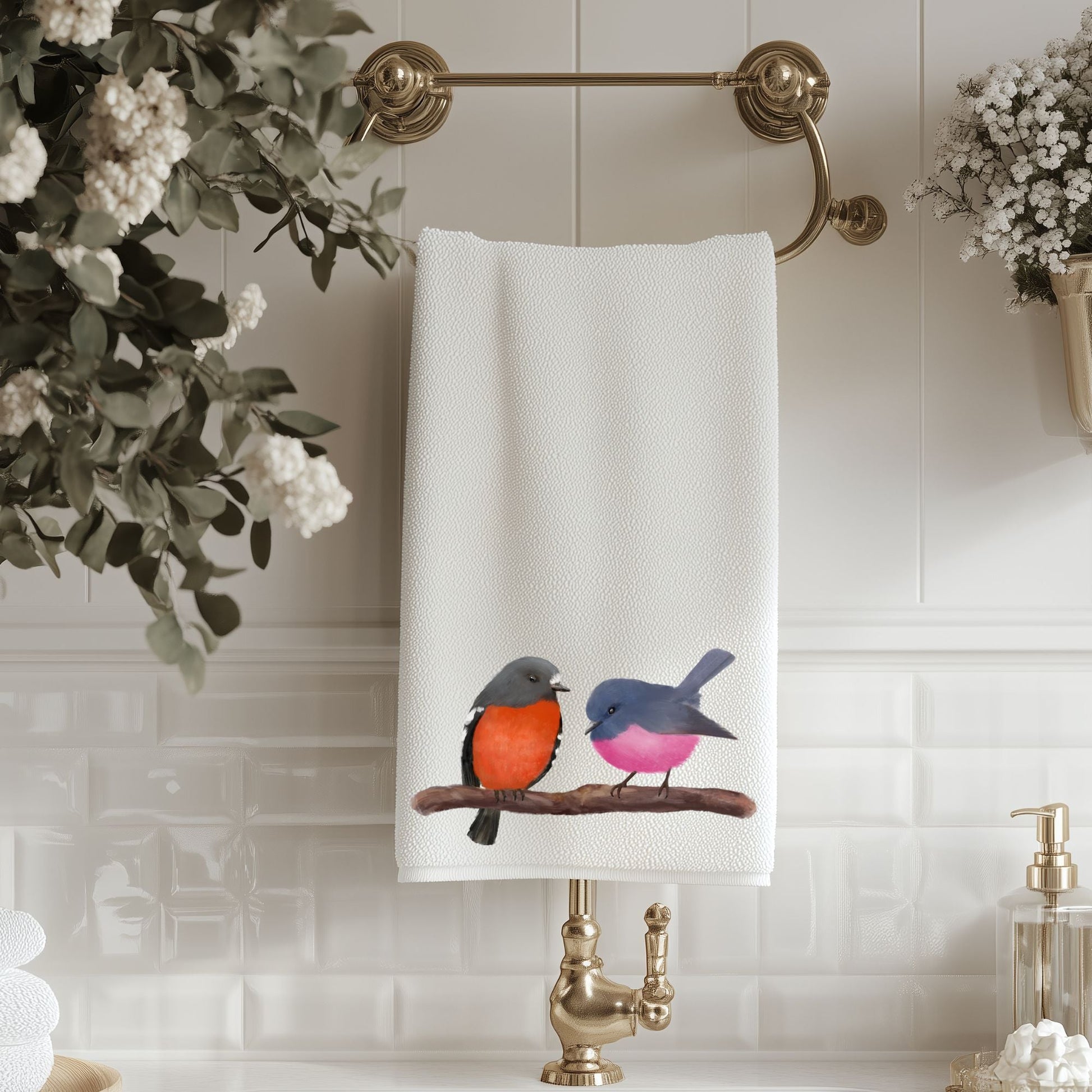 Flame Robin & Pink Robin Pair Towel - MerikaArt