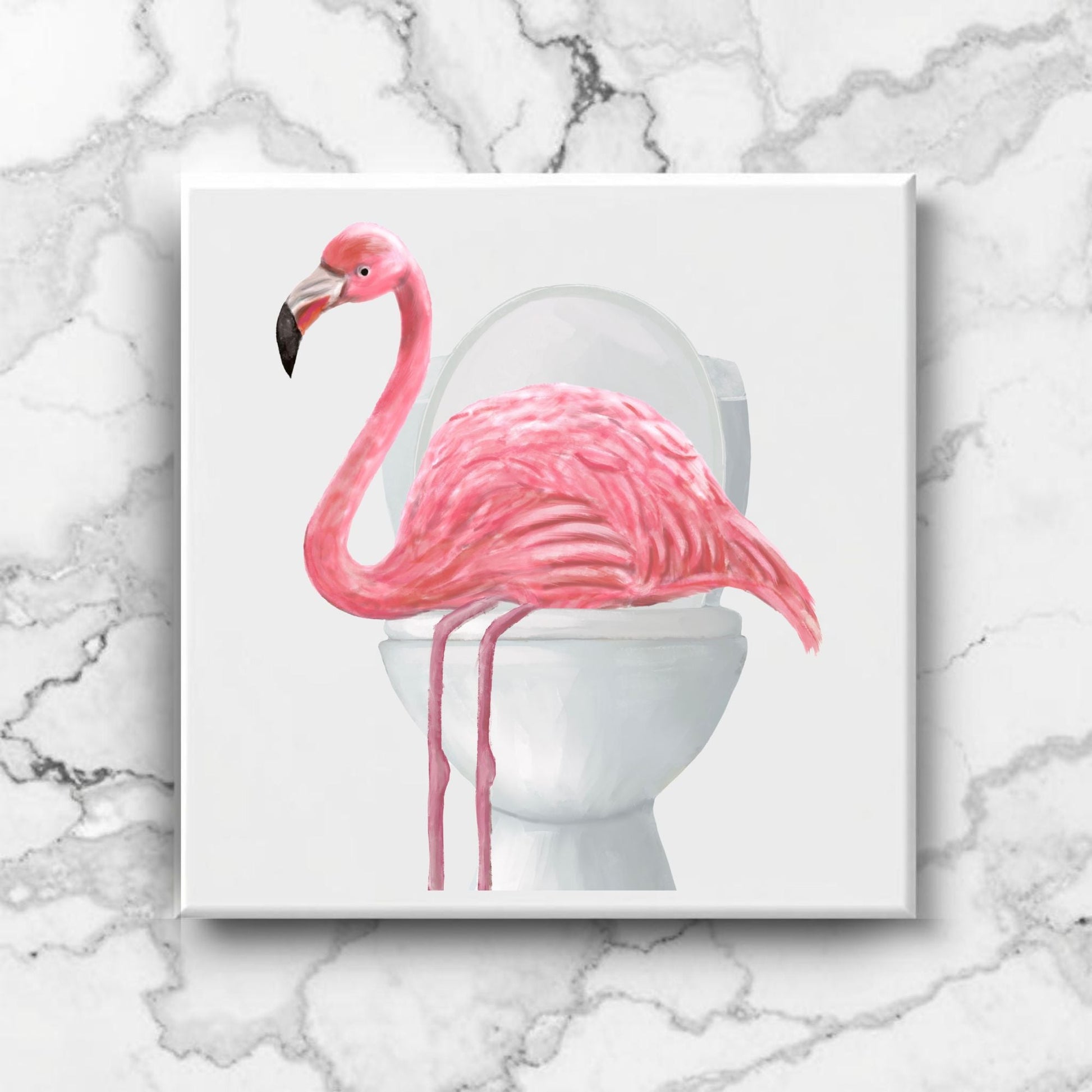 Flamingo on Toilet Ceramic Tile – Handcrafted Whimsical Decor - MerikaArt