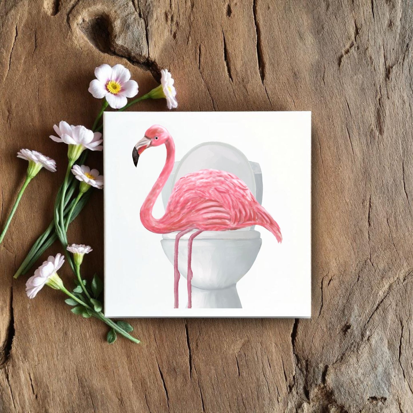 Flamingo on Toilet Ceramic Tile – Handcrafted Whimsical Decor - MerikaArt