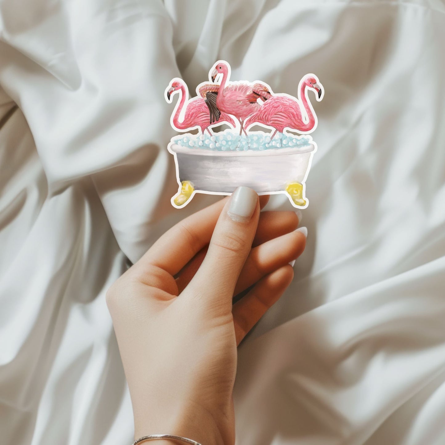 Flamingo Trio in Bathtub Vinly Sticker - MerikaArt