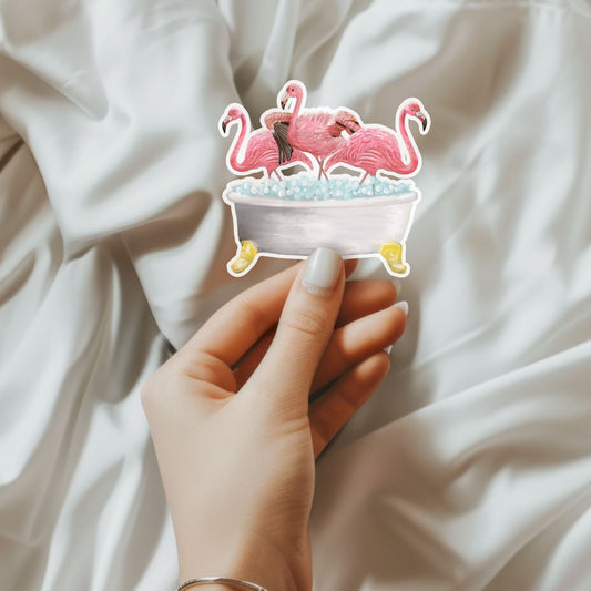 Flamingo Trio in Bathtub Vinly Sticker - MerikaArt