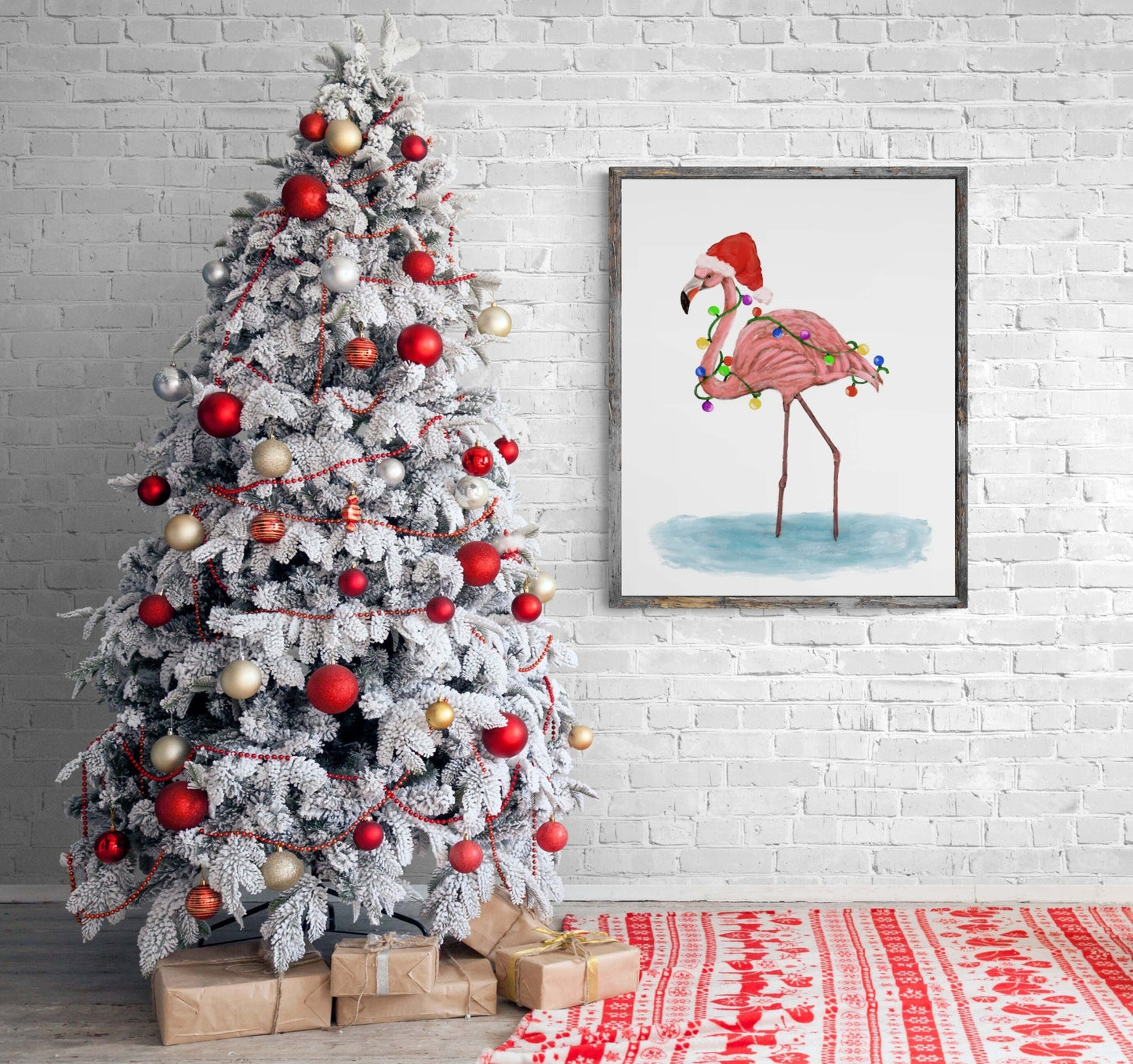 Flamingo with Christmas Lights Print, Winter Artwork, Flamingo Gift, New Years Art, Winter Home Decor, Xmas Flamingo, Unique Wall Art - MerikaArt