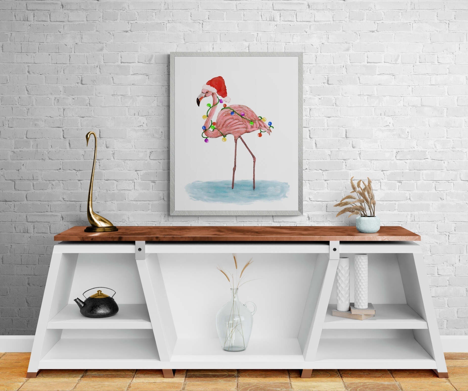 Flamingo with Christmas Lights Print, Winter Artwork, Flamingo Gift, New Years Art, Winter Home Decor, Xmas Flamingo, Unique Wall Art - MerikaArt