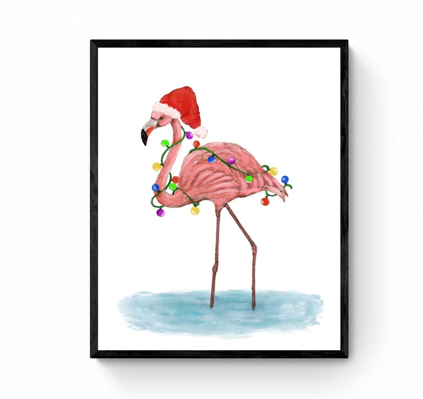 Flamingo with Christmas Lights Print, Winter Artwork, Flamingo Gift, New Years Art, Winter Home Decor, Xmas Flamingo, Unique Wall Art - MerikaArt