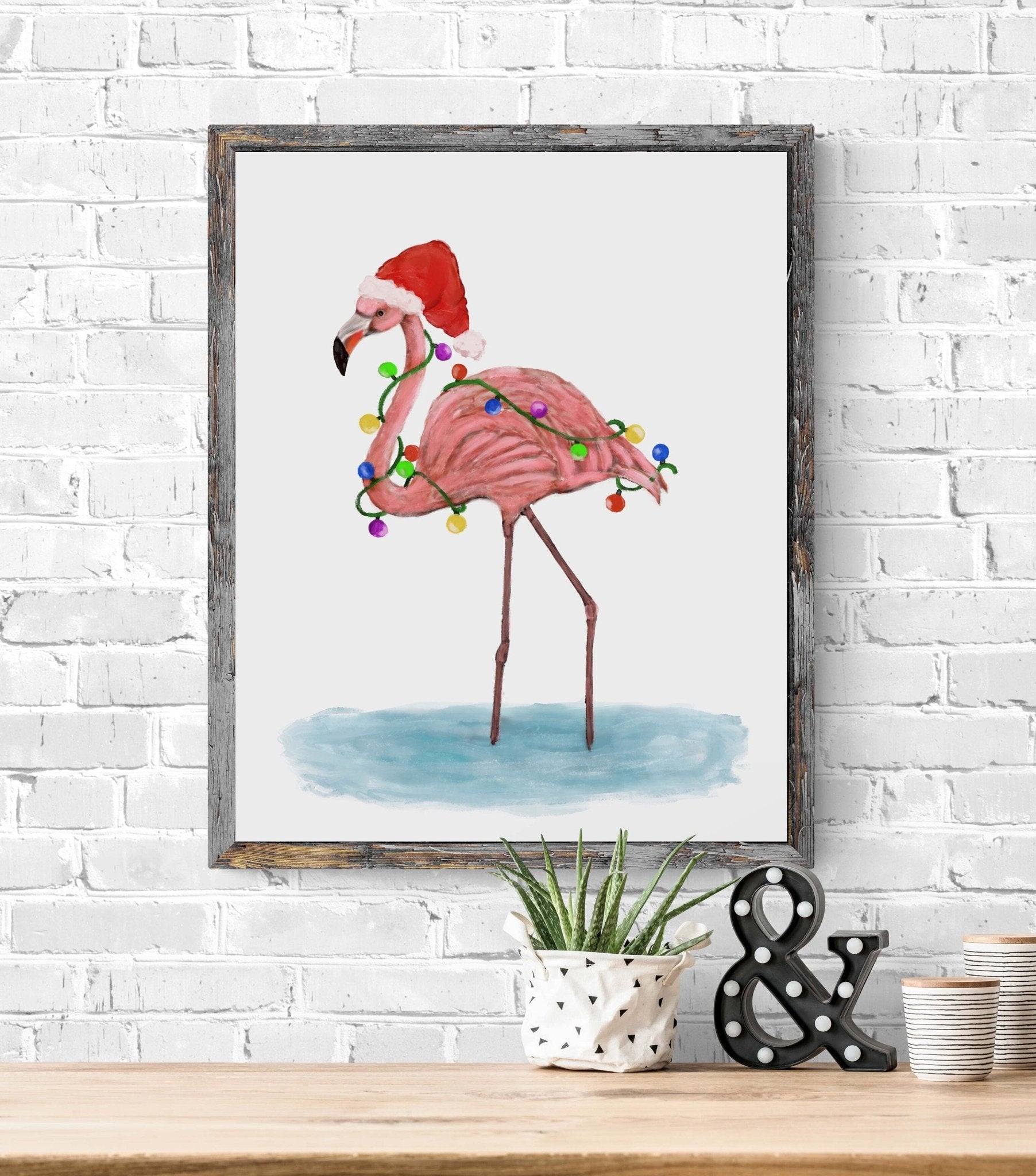 Flamingo with Christmas Lights Print, Winter Artwork, Flamingo Gift, New Years Art, Winter Home Decor, Xmas Flamingo, Unique Wall Art - MerikaArt