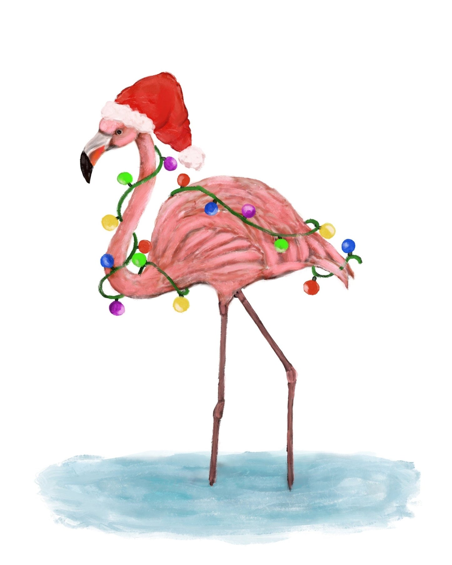 Flamingo with Christmas Lights Print, Winter Artwork, Flamingo Gift, New Years Art, Winter Home Decor, Xmas Flamingo, Unique Wall Art - MerikaArt