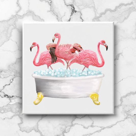 Flamingos in Bathtub Ceramic Tile – Handcrafted Whimsical Decor - MerikaArt