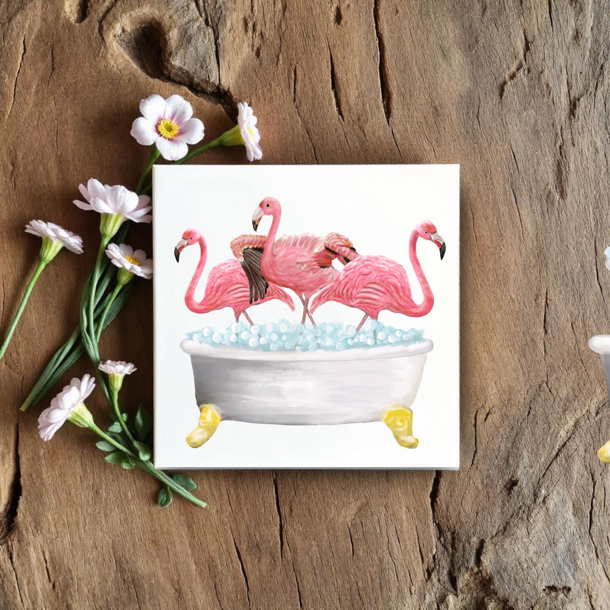 Flamingos in Bathtub Ceramic Tile – Handcrafted Whimsical Decor - MerikaArt