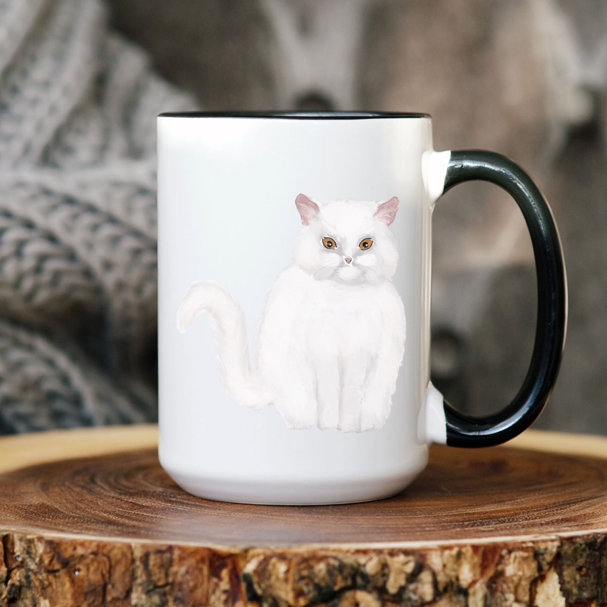 Fluffy White Cat Mug - MerikaArt