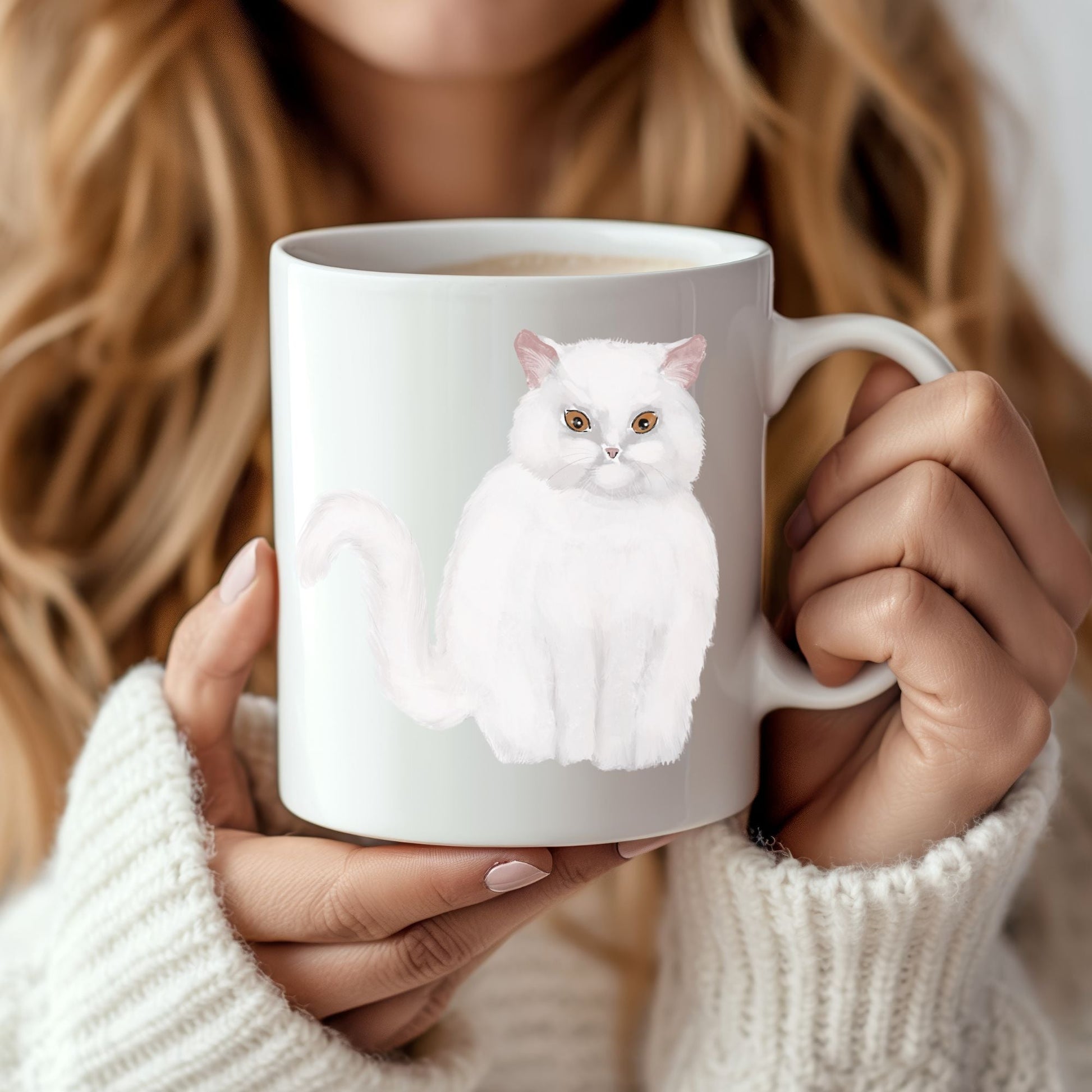 Fluffy White Cat Mug - MerikaArt