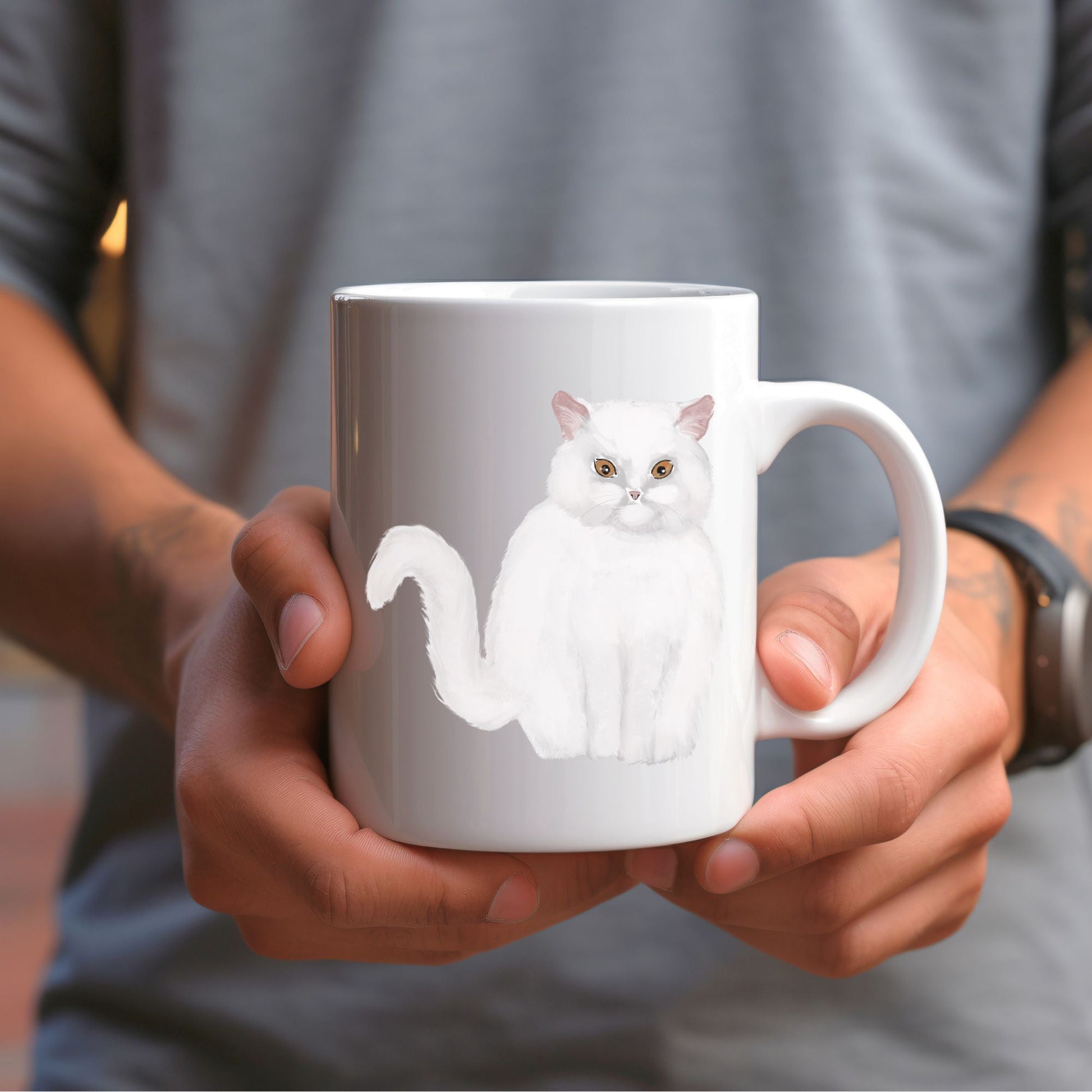 Fluffy White Cat Mug - MerikaArt