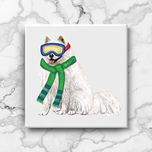 Fluffy Winter Samoyed Dog in Green Scarf and Goggles - MerikaArt