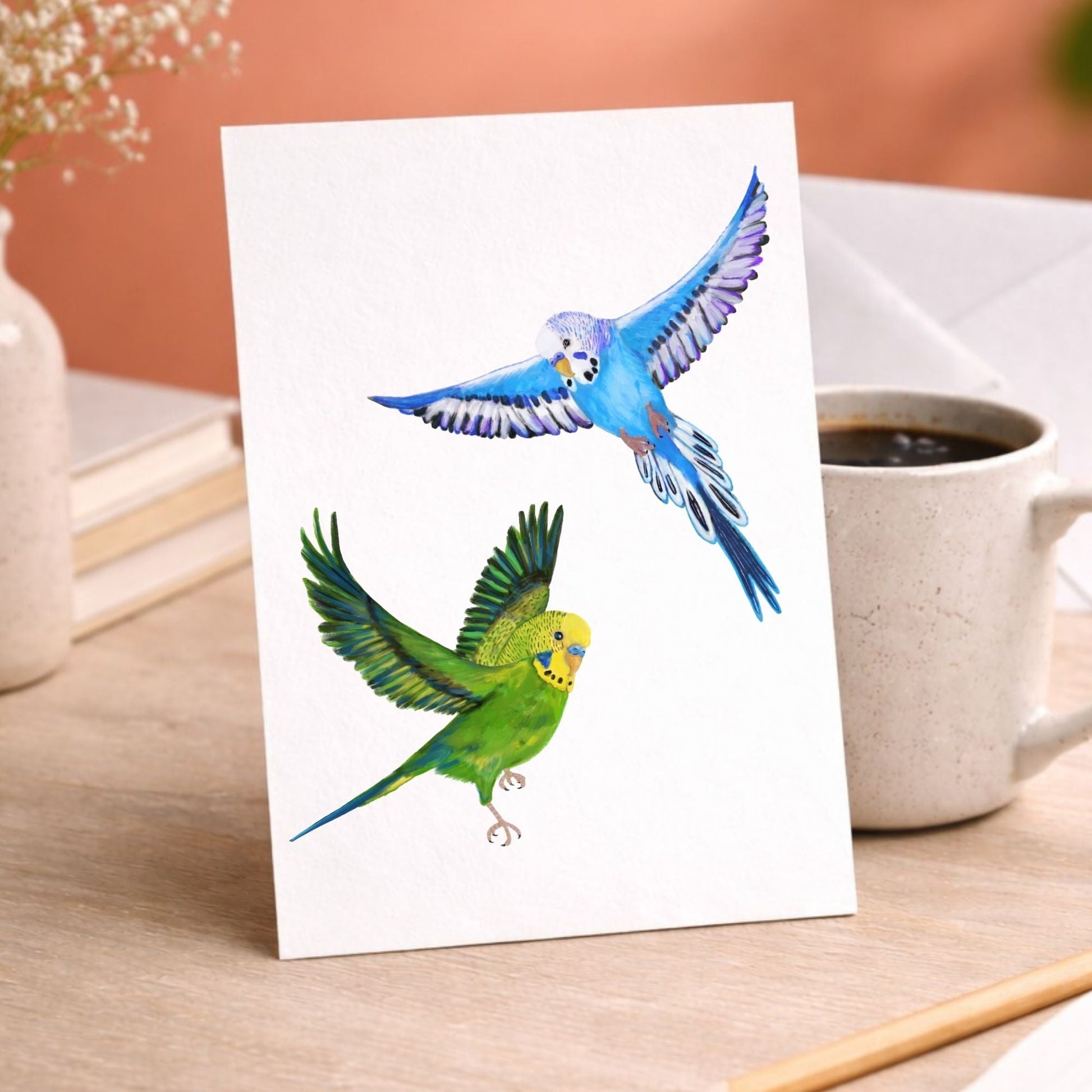 Flying Blue And Green Budgies Postcards - MerikaArt
