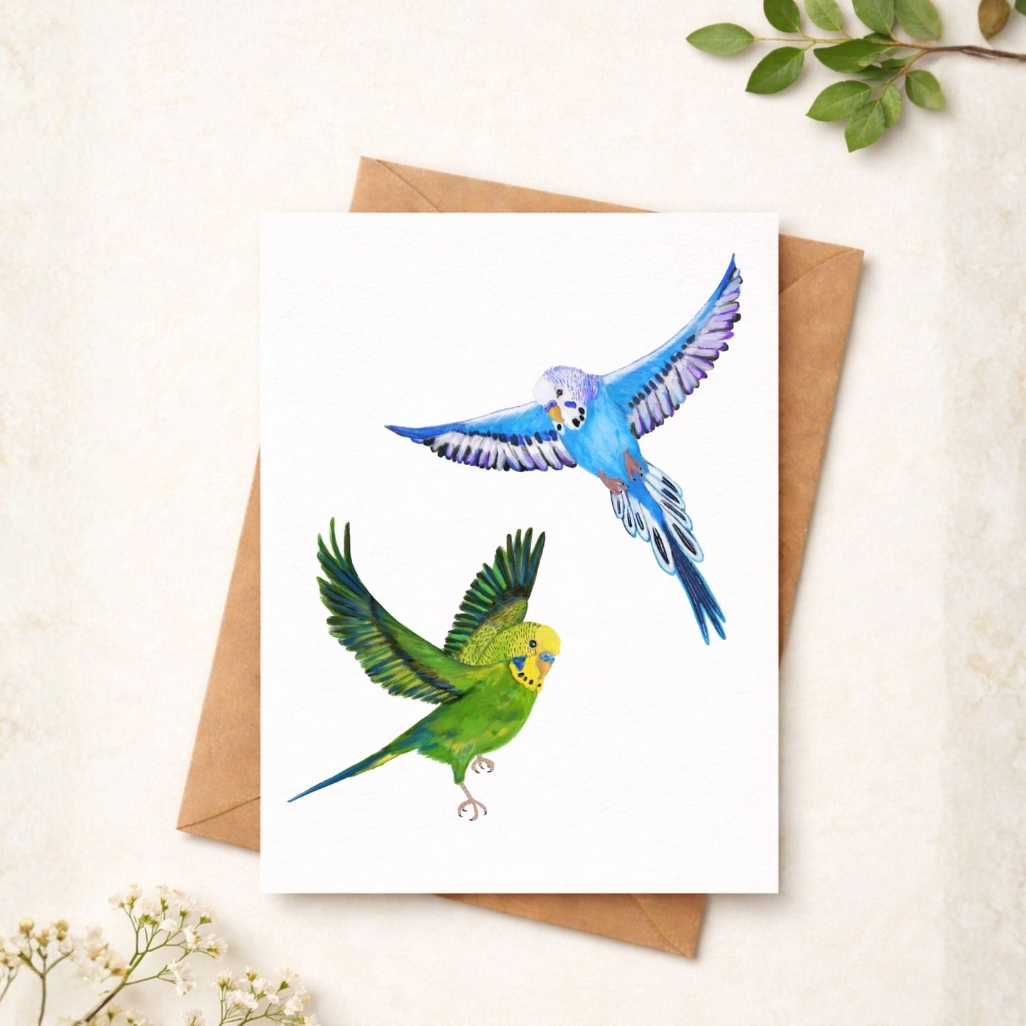 Flying Blue And Green Budgies Postcards - MerikaArt