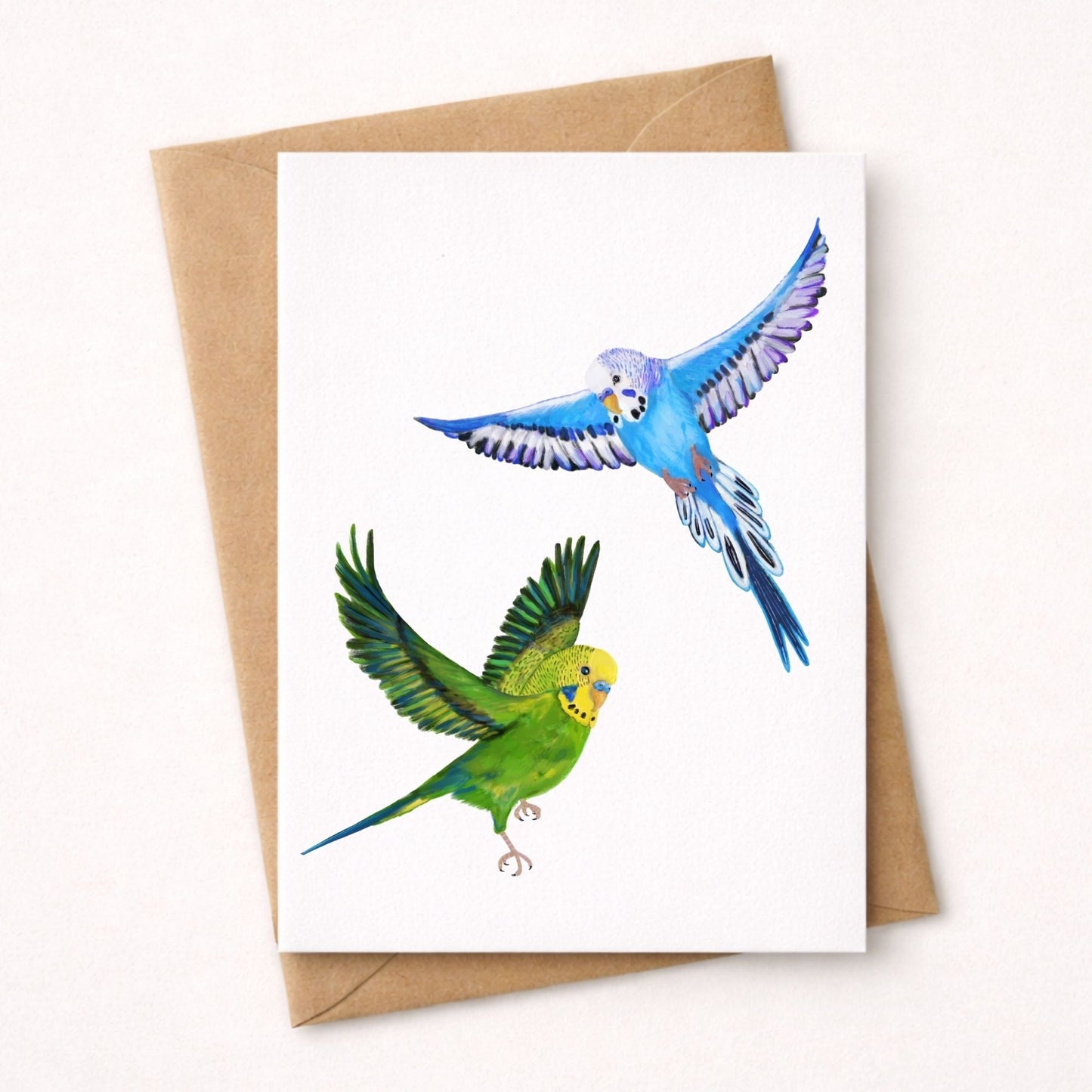 Flying Blue And Green Budgies Postcards - MerikaArt
