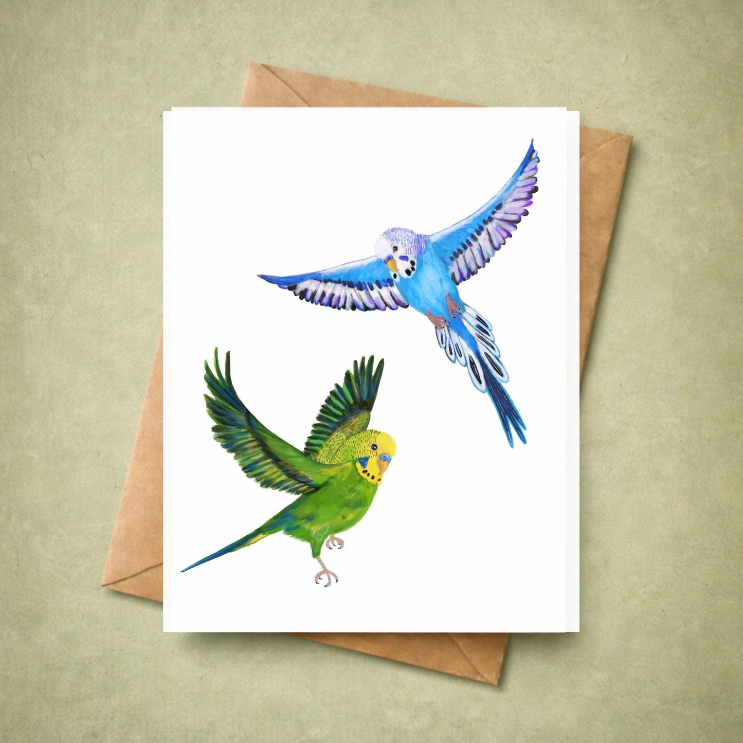 Flying Blue And Green Budgies Postcards - MerikaArt