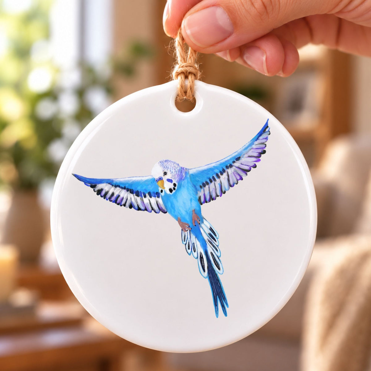 Flying Blue Budgie Ceramic Ornament - MerikaArt