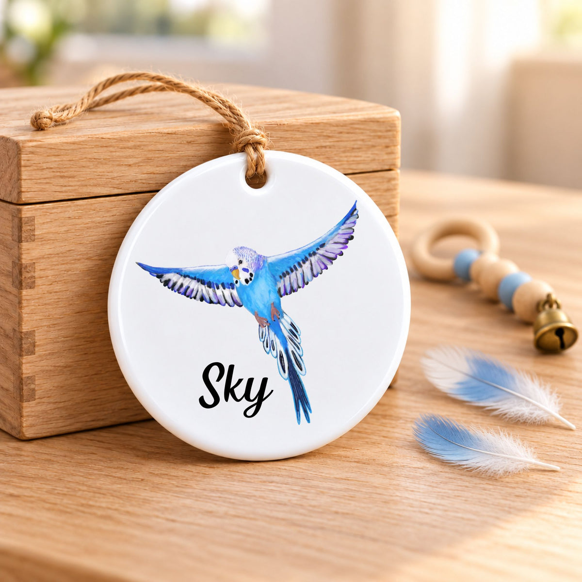 Flying Blue Budgie Ceramic Ornament - MerikaArt