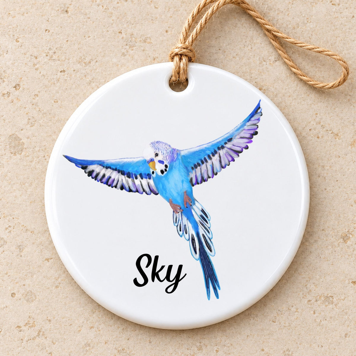 Flying Blue Budgie Ceramic Ornament - MerikaArt