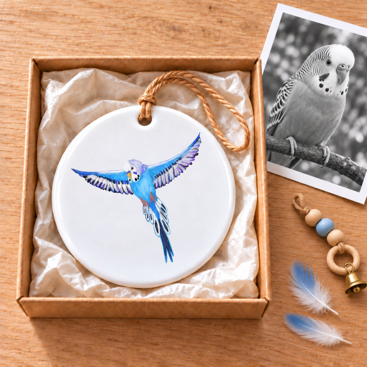 Flying Blue Budgie Ceramic Ornament - MerikaArt