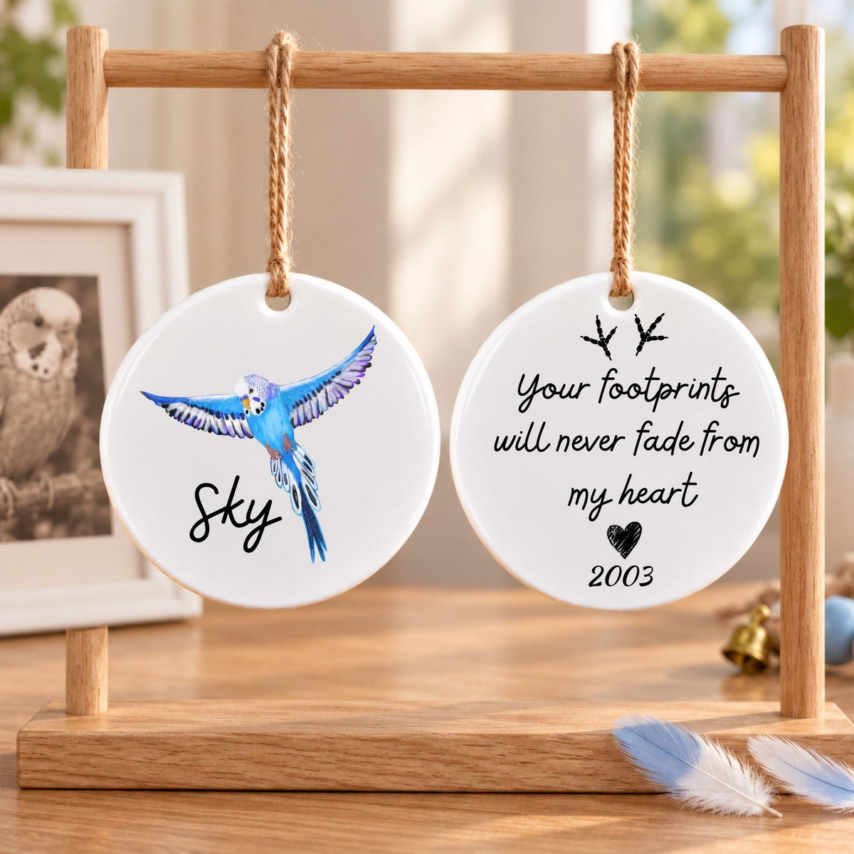 Flying Blue Budgie Ceramic Ornament - MerikaArt