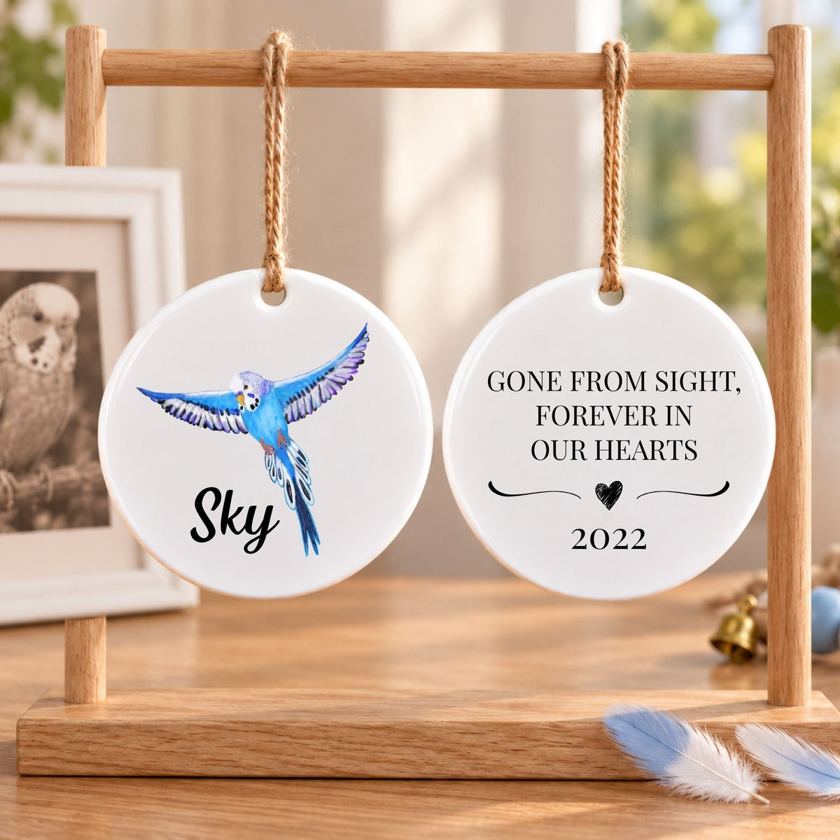 Flying Blue Budgie Ceramic Ornament - MerikaArt