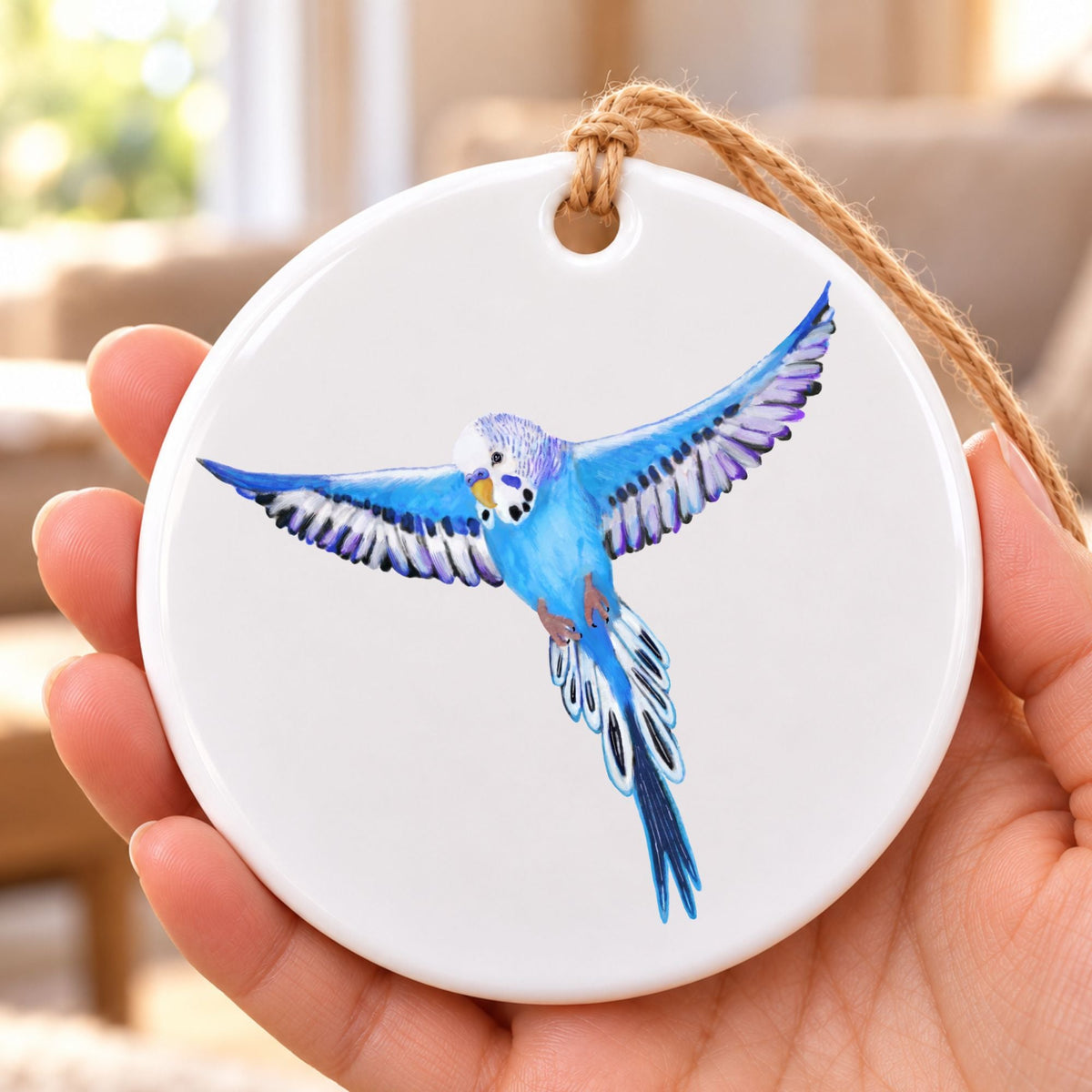 Flying Blue Budgie Ceramic Ornament - MerikaArt