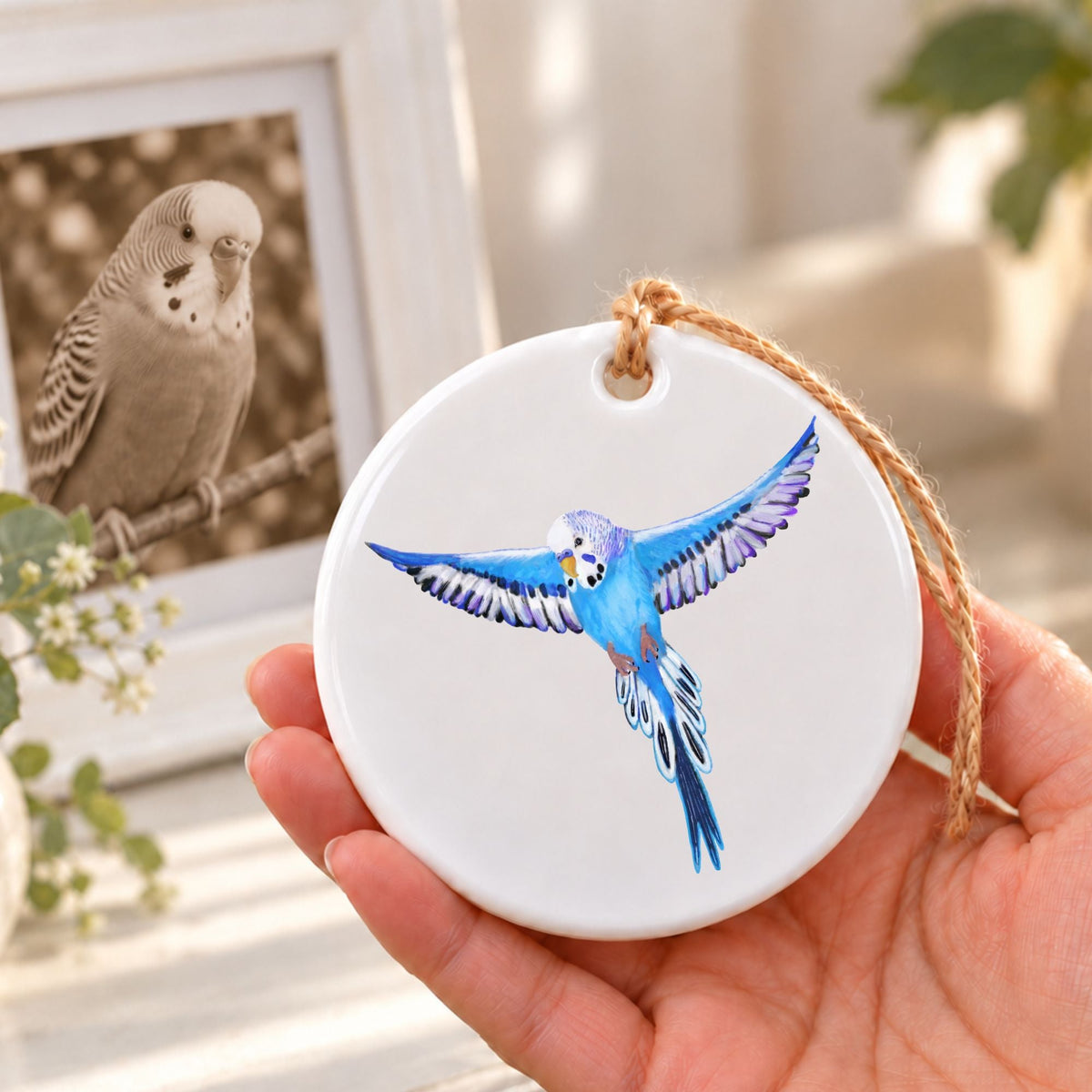 Flying Blue Budgie Ceramic Ornament - MerikaArt