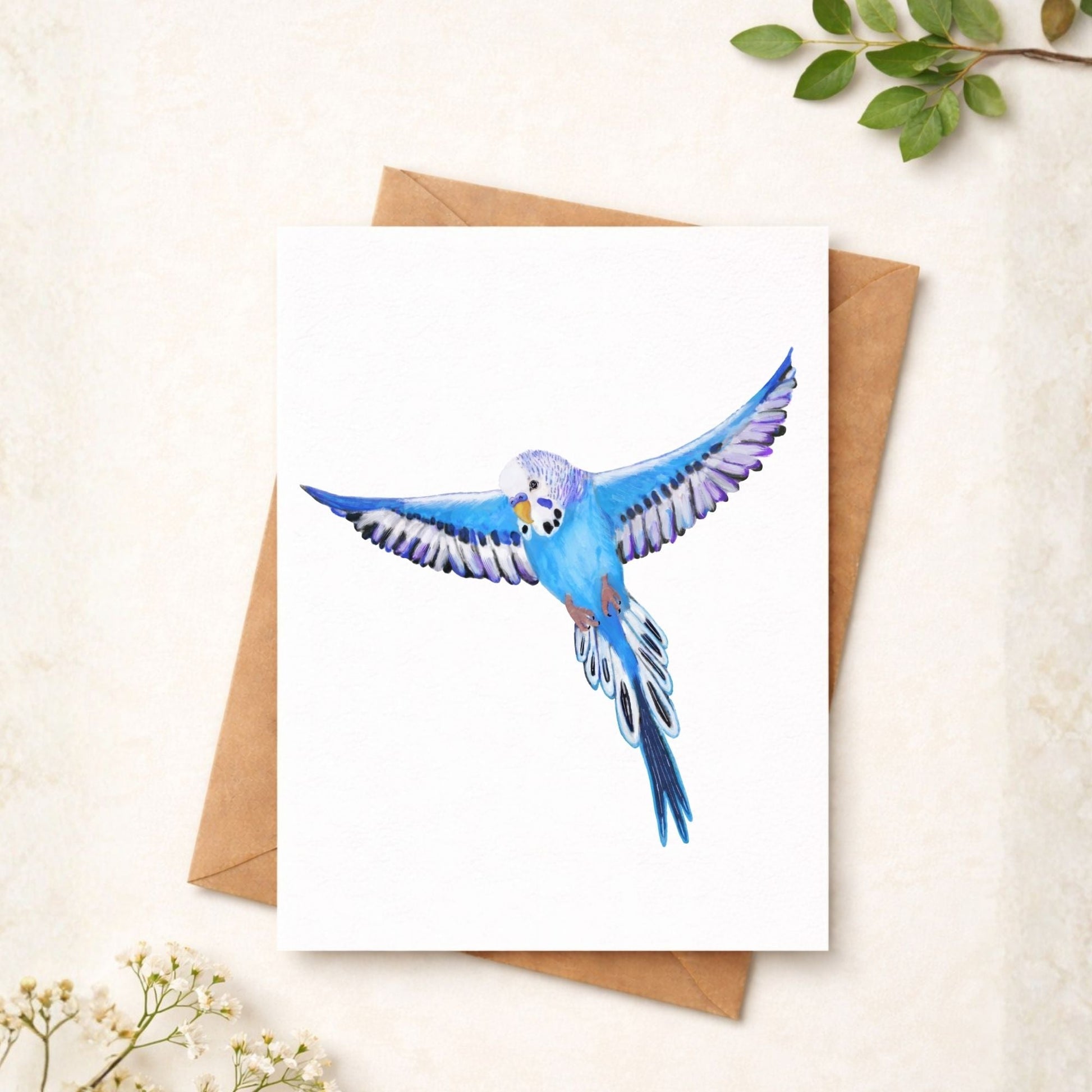 Flying Blue Budgie Postcard - MerikaArt