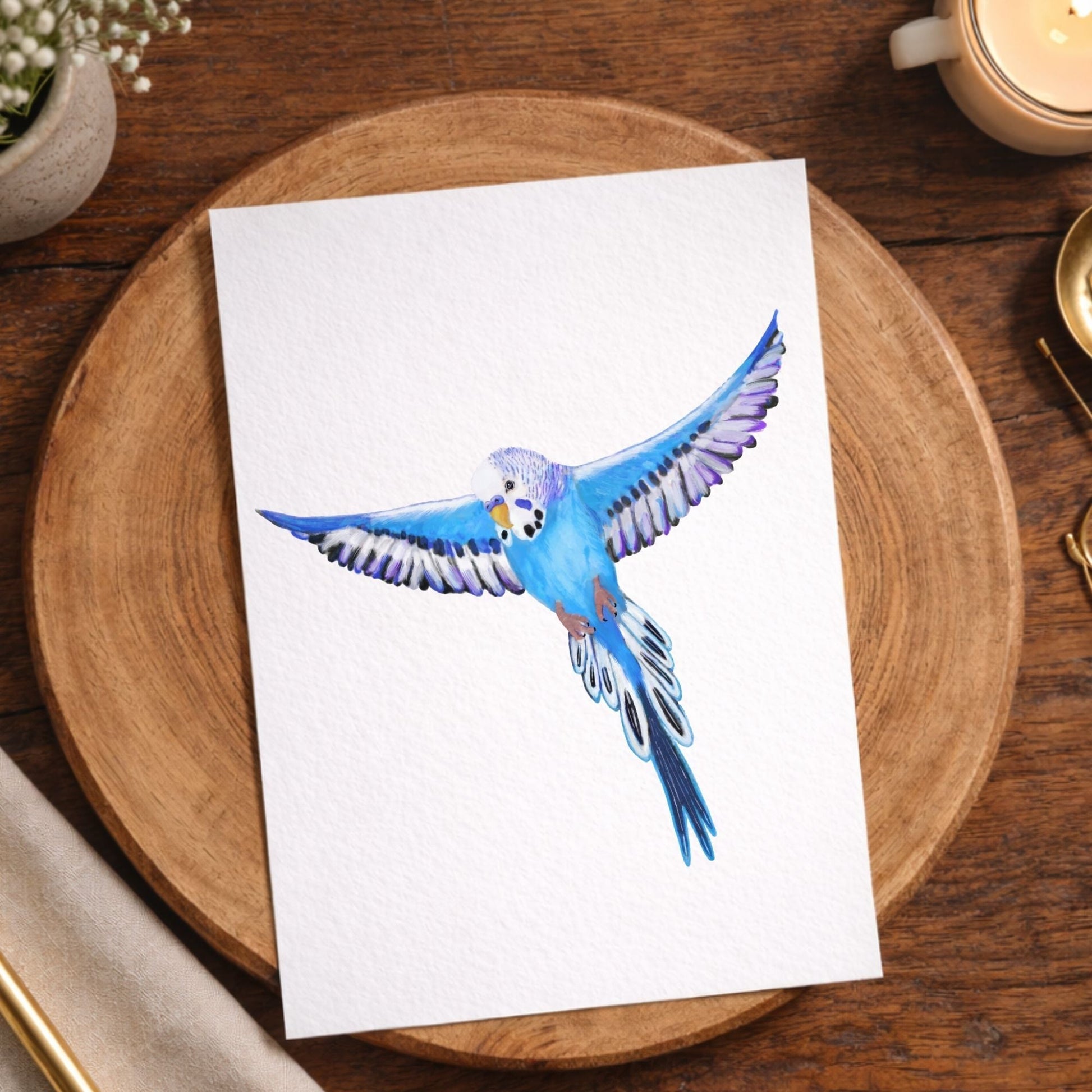 Flying Blue Budgie Postcard - MerikaArt