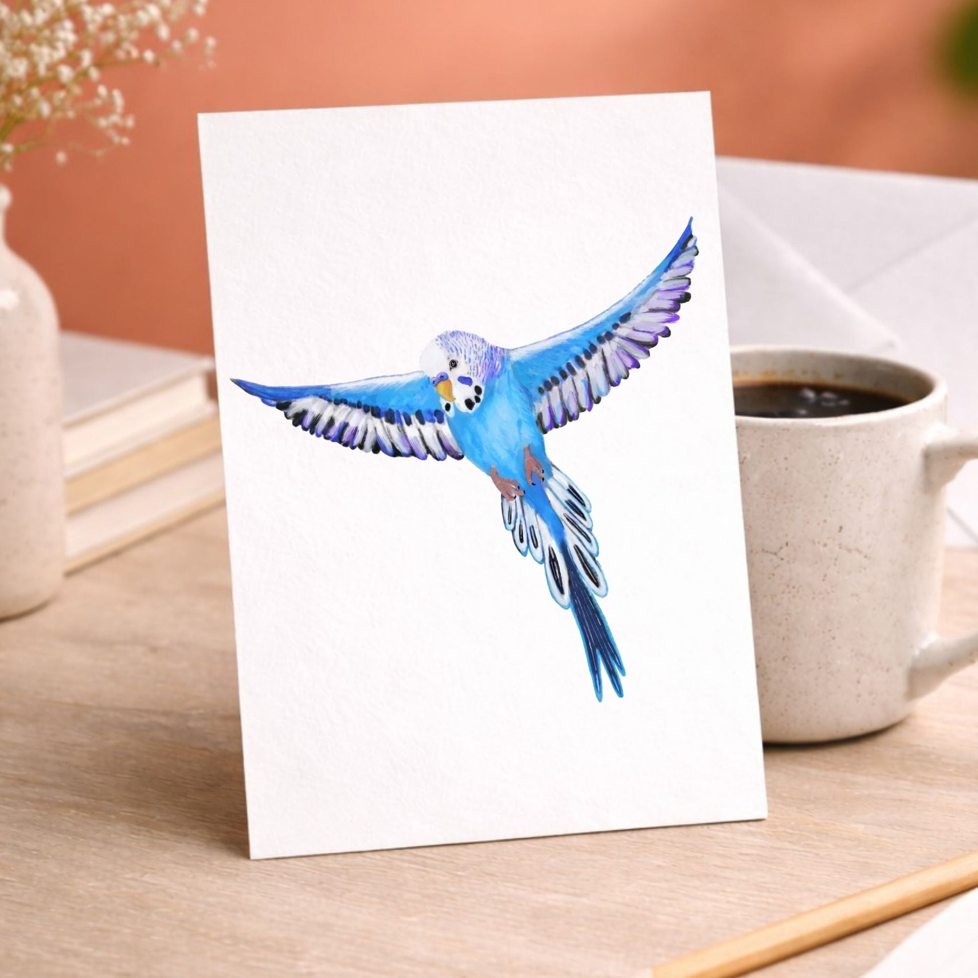 Flying Blue Budgie Postcard - MerikaArt