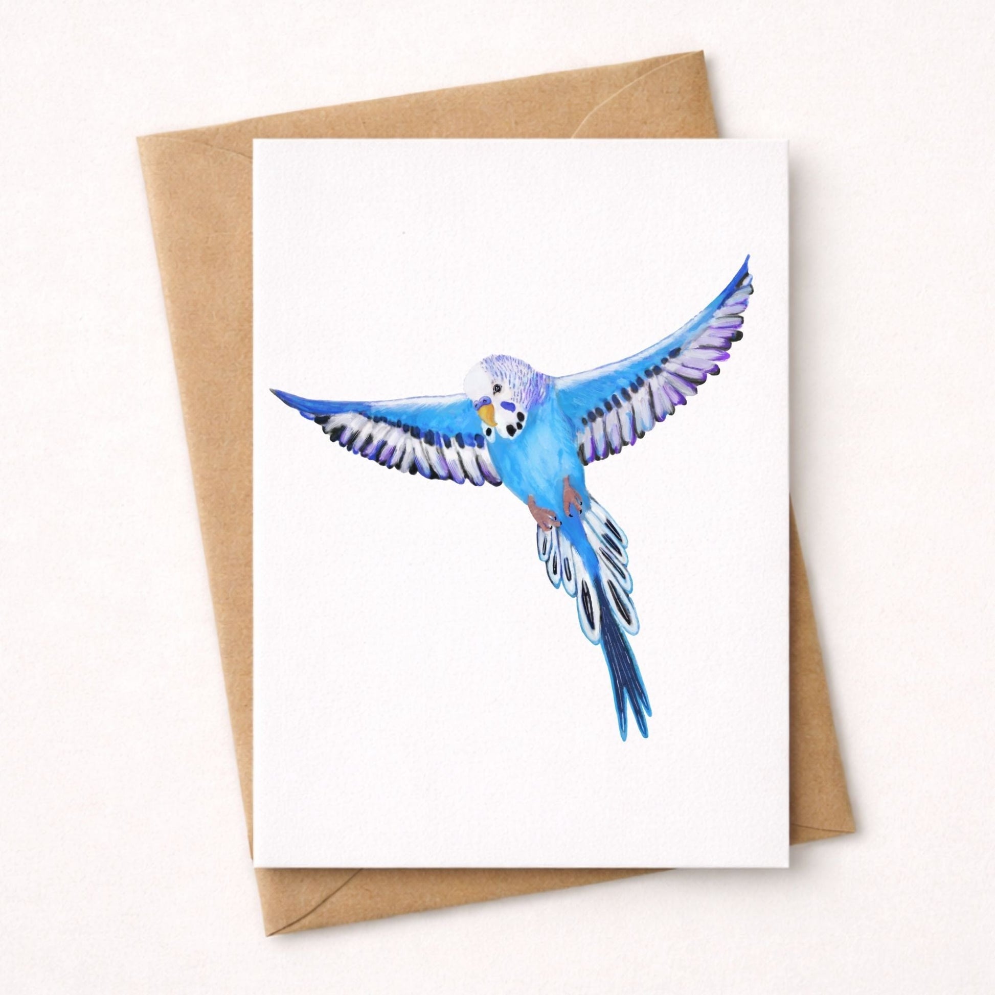 Flying Blue Budgie Postcard - MerikaArt