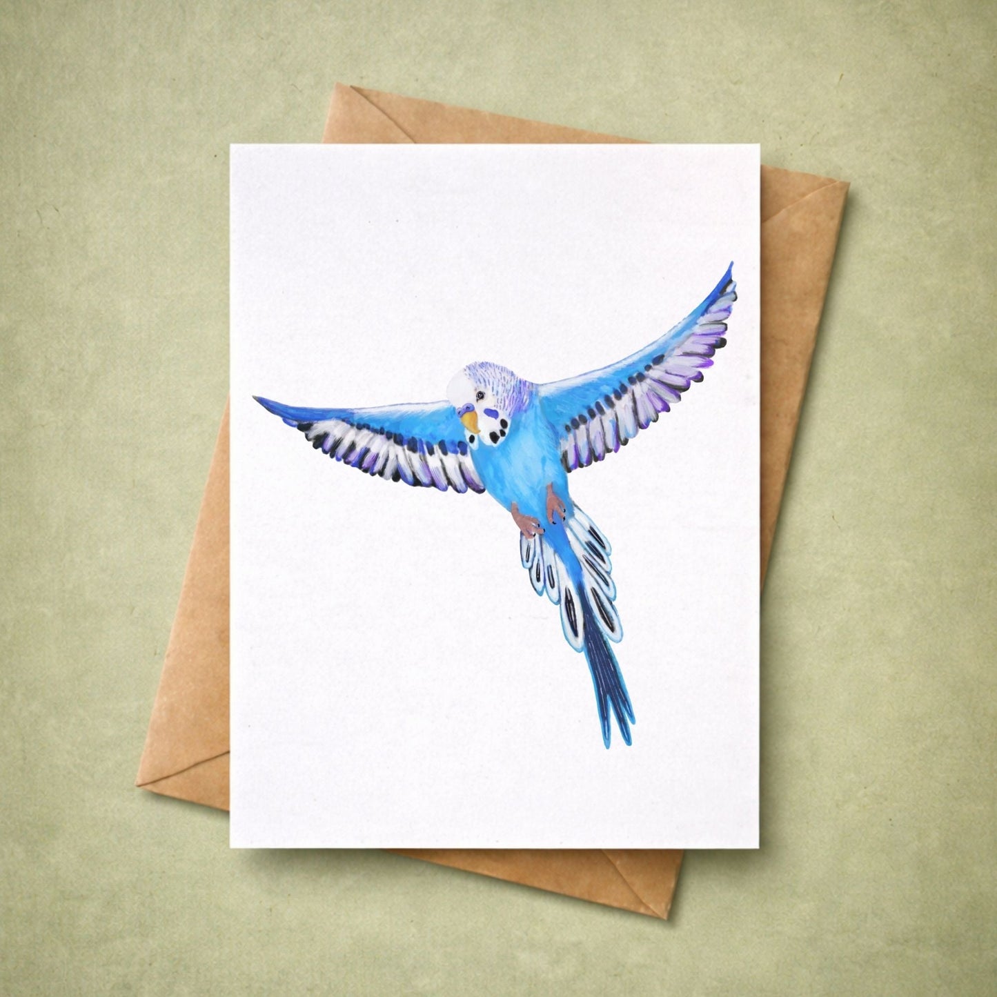 Flying Blue Budgie Postcard - MerikaArt