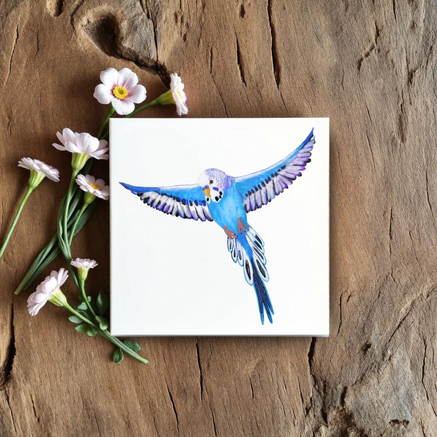 Flying Budgerigar Ceramic Tile – Handcrafted Bird Lover Artwork - MerikaArt