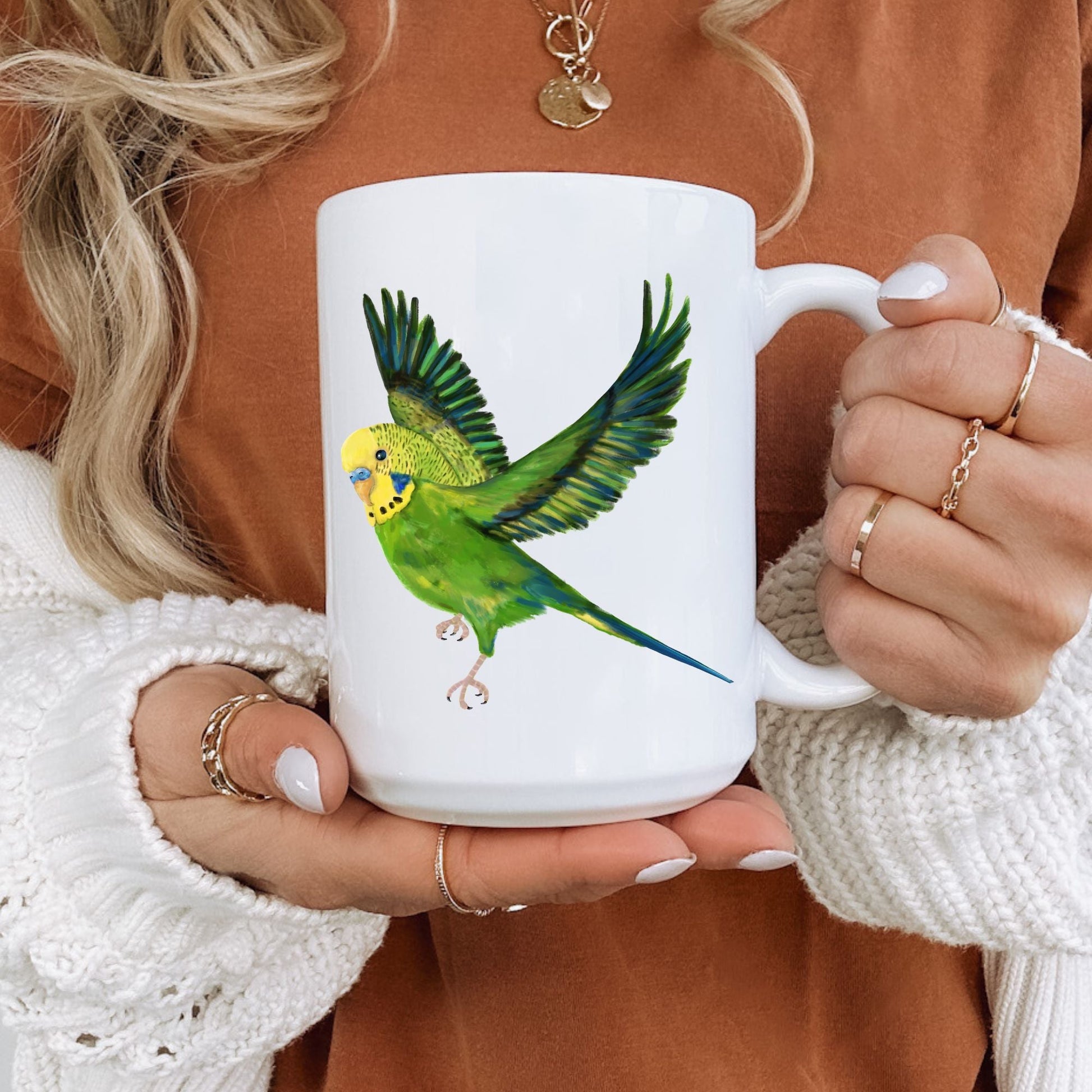 Flying Budgie Mug - MerikaArt