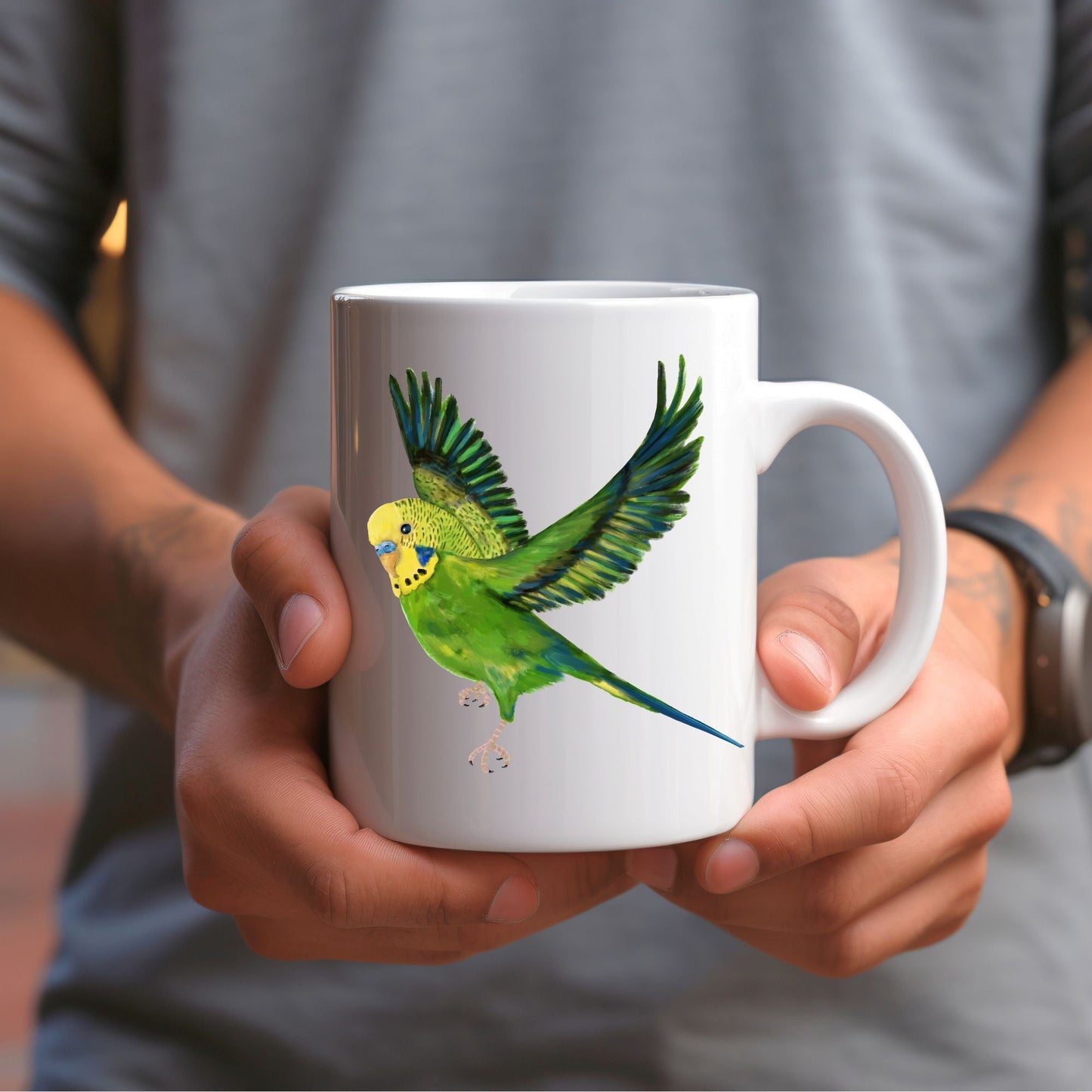 Flying Budgie Mug - MerikaArt