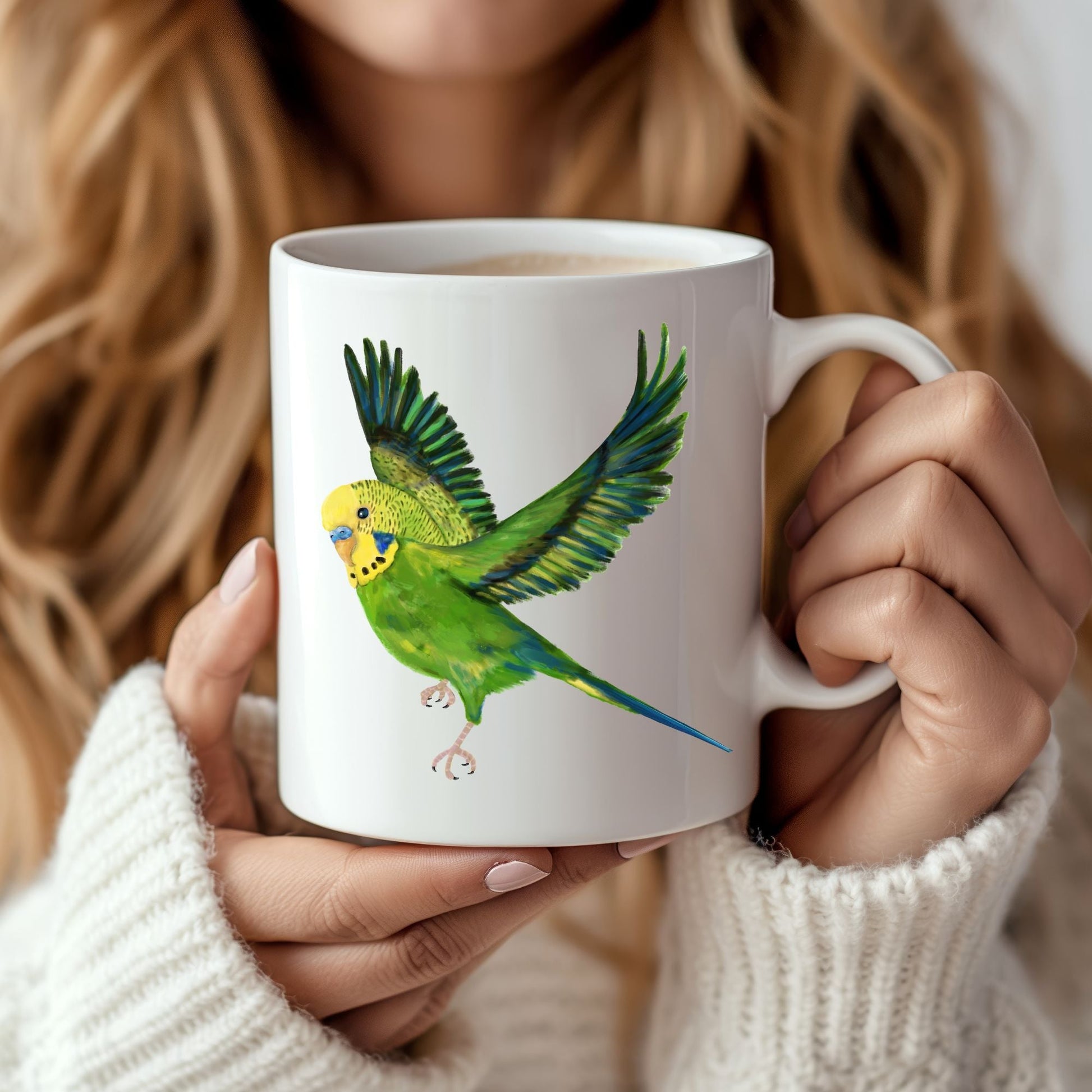 Flying Budgie Mug - MerikaArt