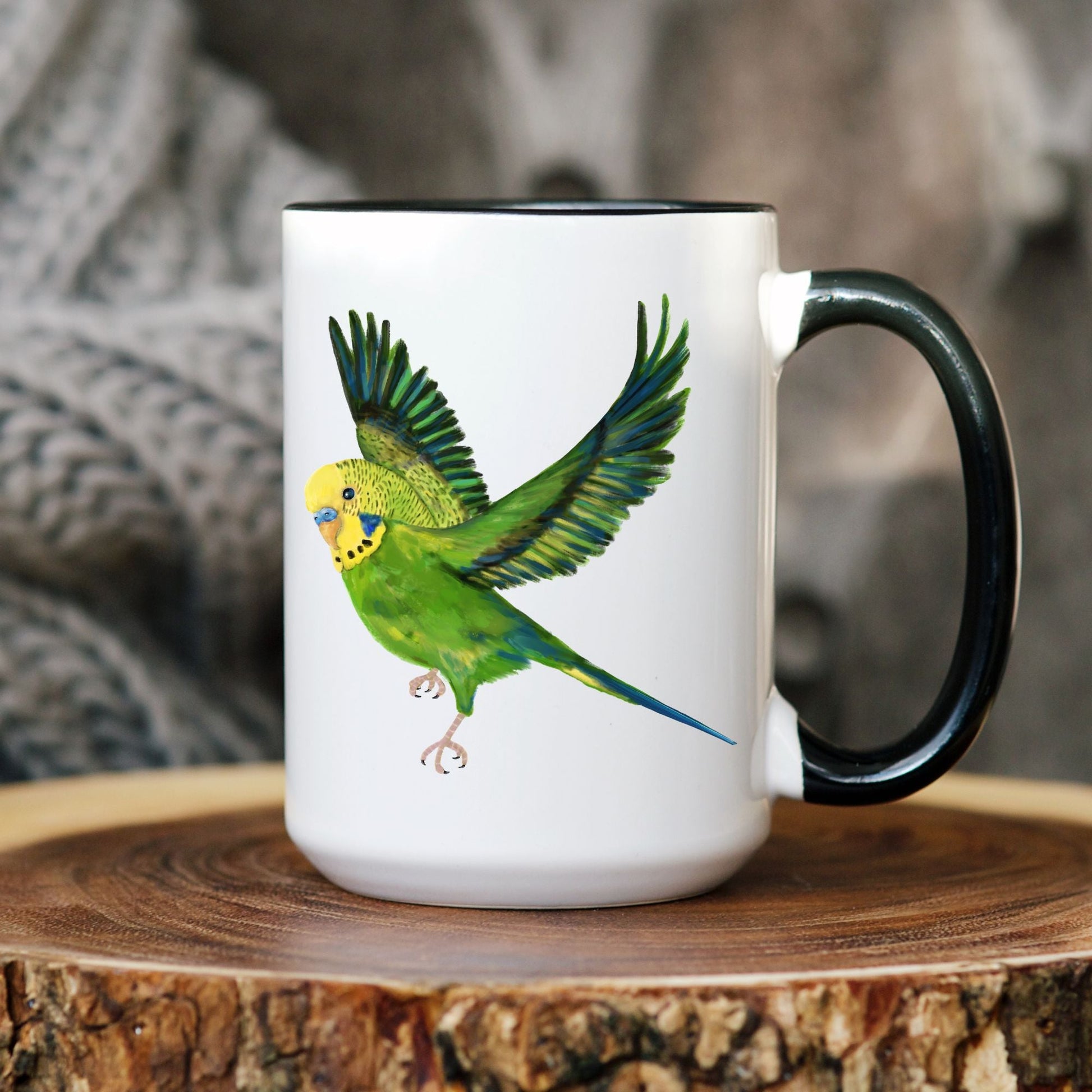 Flying Budgie Mug - MerikaArt