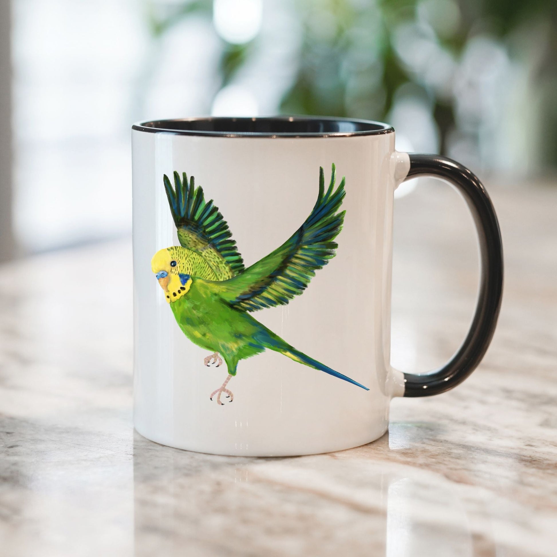 Flying Budgie Mug - MerikaArt
