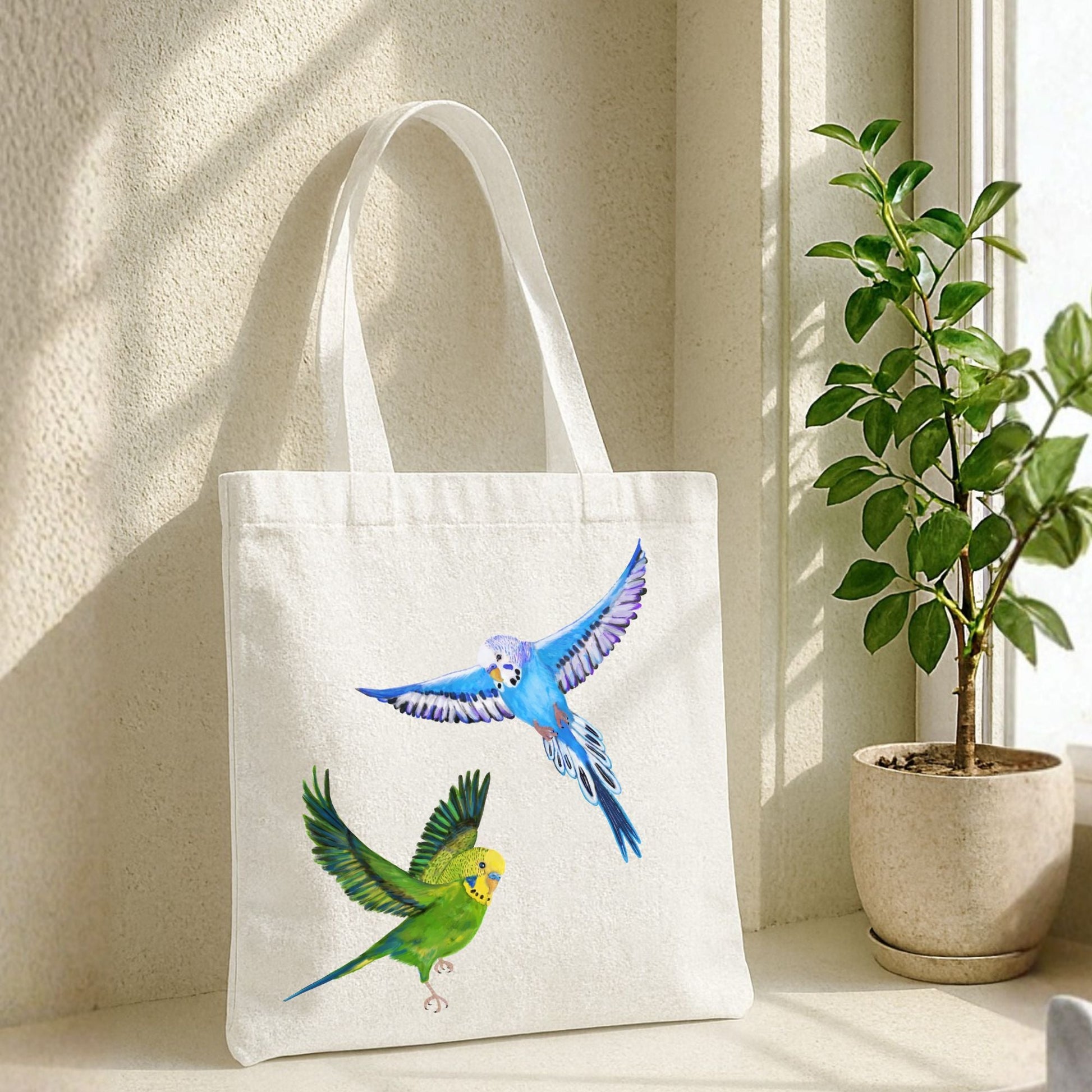 Flying Budgies Canvas Tote Bag - MerikaArt