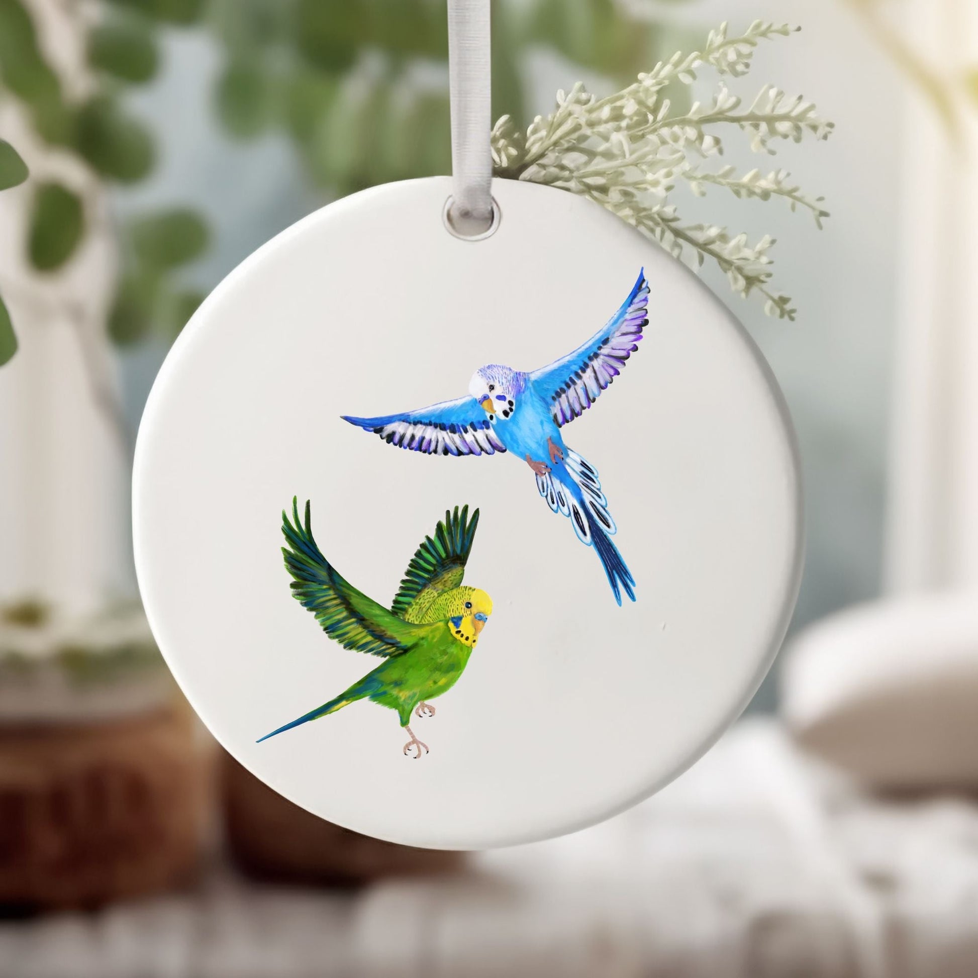 Flying Budgies Ceramic Ornament - MerikaArt