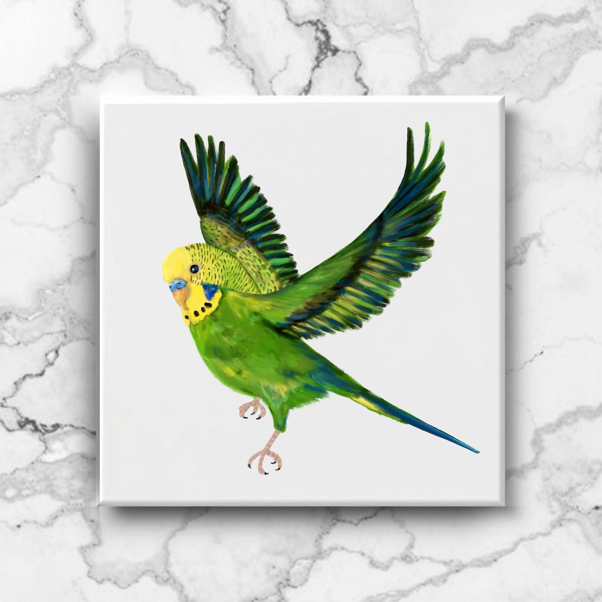 Flying Green Budgerigar Ceramic Tile – Handcrafted Bird Lover Artwork - MerikaArt