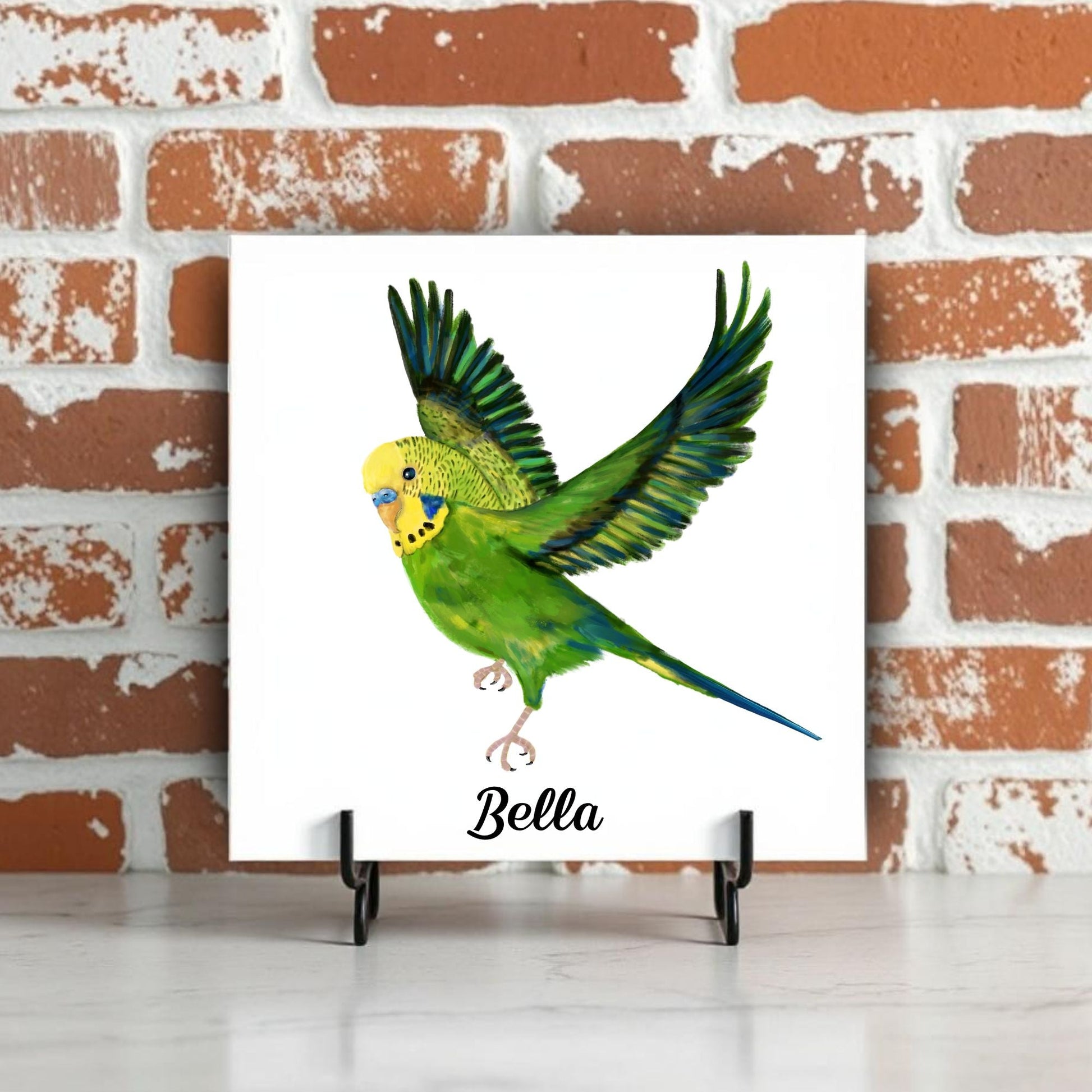 Flying Green Budgerigar Ceramic Tile – Handcrafted Bird Lover Artwork - MerikaArt